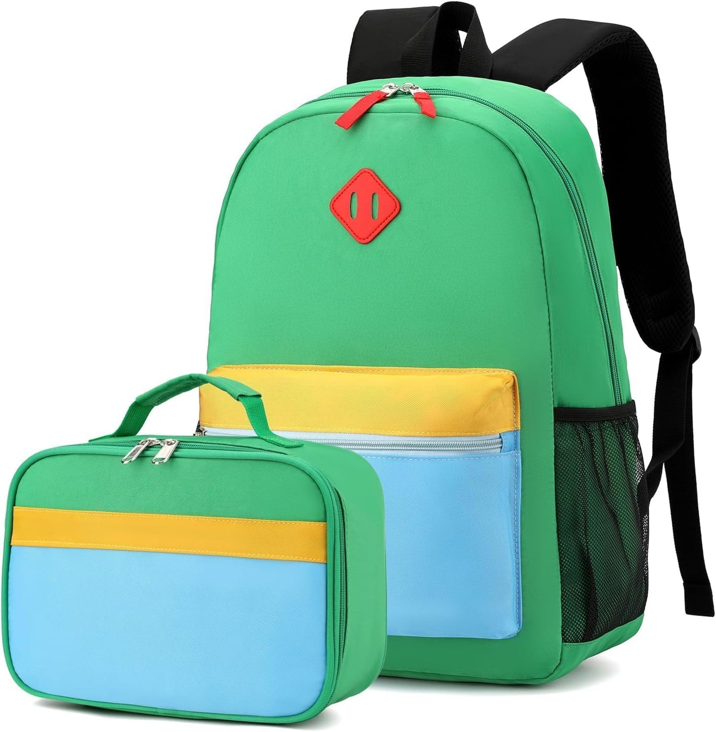 Kids Backpack Lunch Box Set Elementary School Backpacks 5-9 Years for Boys and Girls with Chest Buckle (Set Green Blue, Large-17 H)