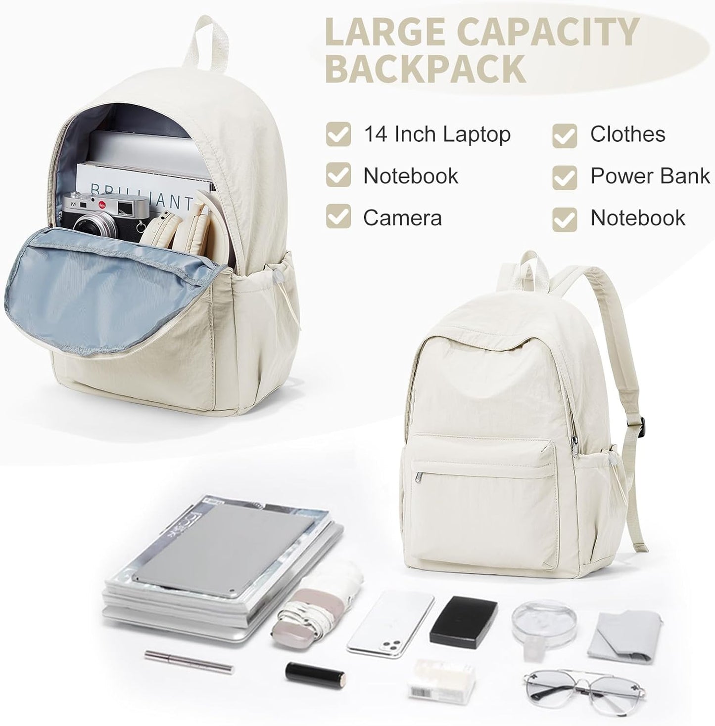 Simple School Backpack For Women Men Aesthetic Medium Backpack Lightweight Casual Daypack College Backpacks Cute Bookbag for Teens Girls Boys Basic Bagpack（Beige）