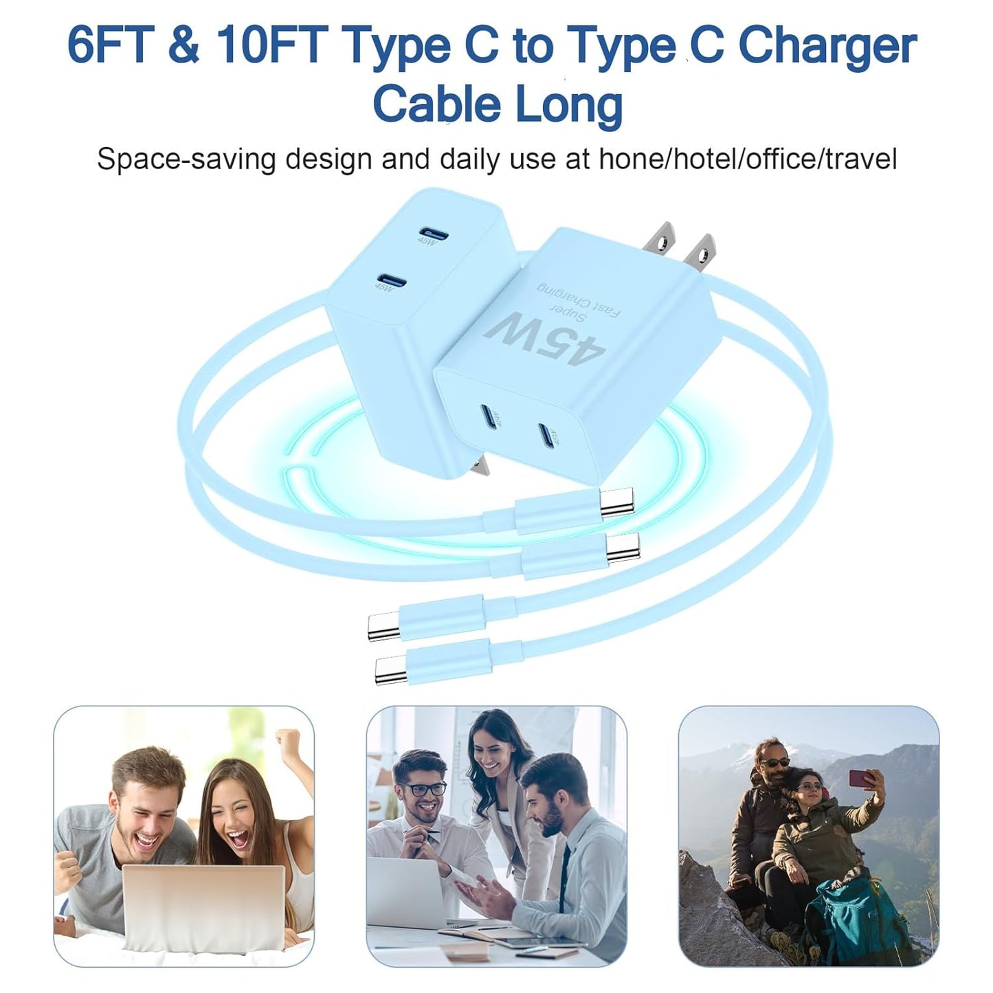 45W Dual Port iPhone 17 16 15 Charger Fast Charging and 6ft 10ft Type C to C Cable Cord Long, USB C Wall Block Plug for Apple iPhone 17 Pro Max/17 Air/16 Pro Max/16/15 Plus/15 Mini/iPad Cube Brick Box