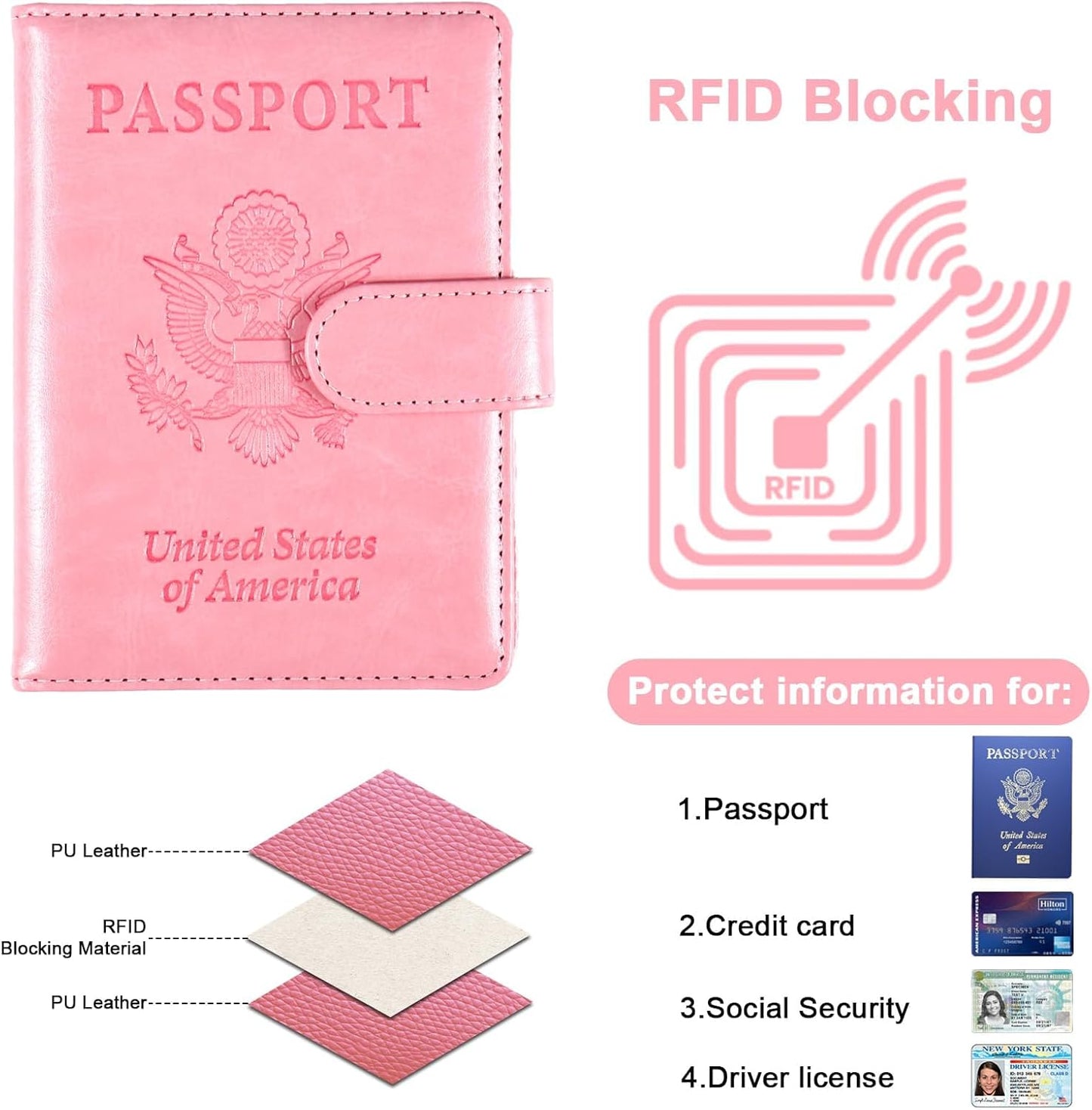 Sizobi Passport Holder for Travel, RFID Passport Cover Wallet for Women Men, Leather Passport Book Card Holder Case for International Travel Must Haves Accessories, Cruise Ship Essentials Gifts, Pink