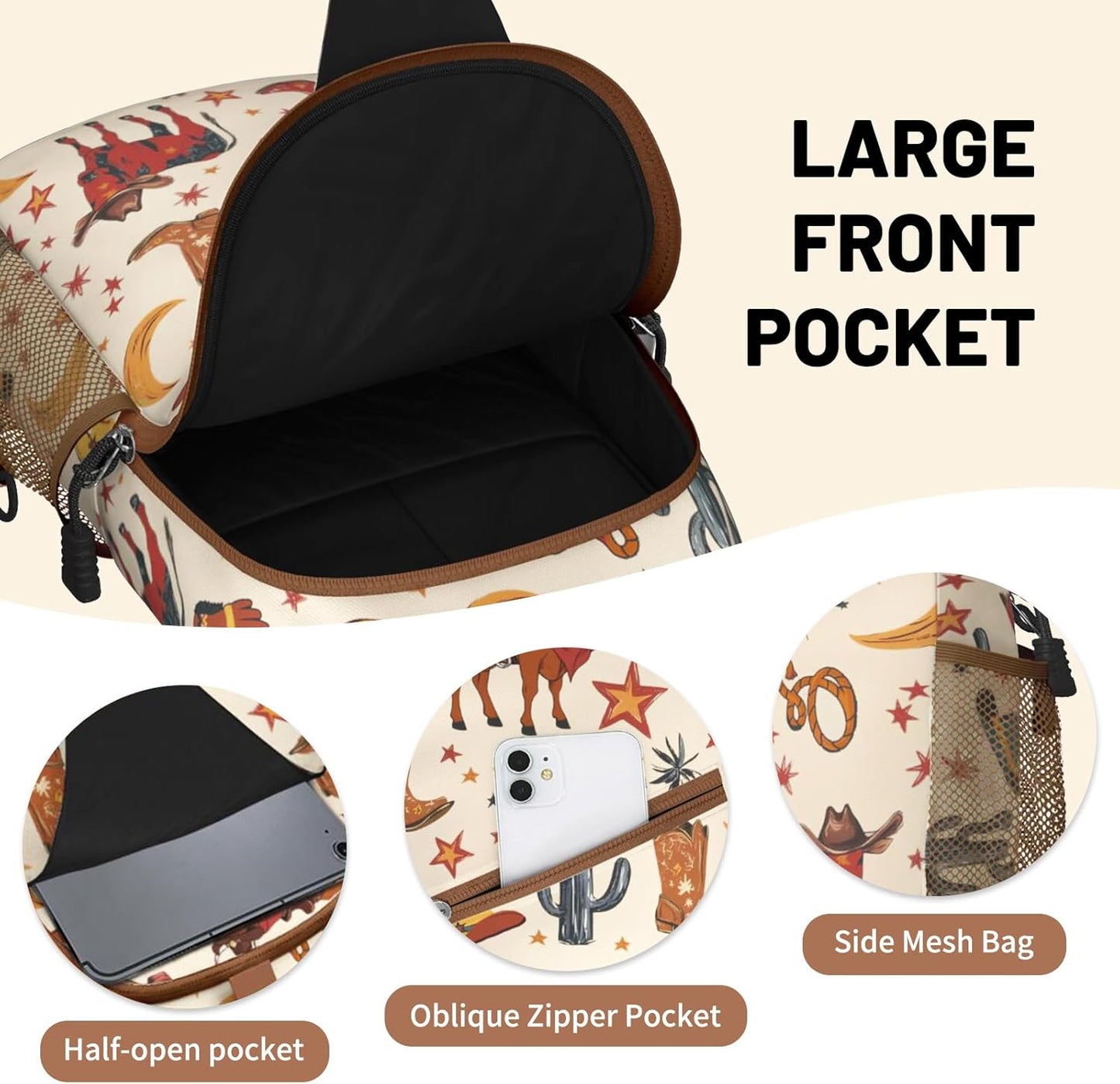 Brown Western Sling Bag Crossbody Chest Bag for Women Men, Water Resistant Lightweight Casual