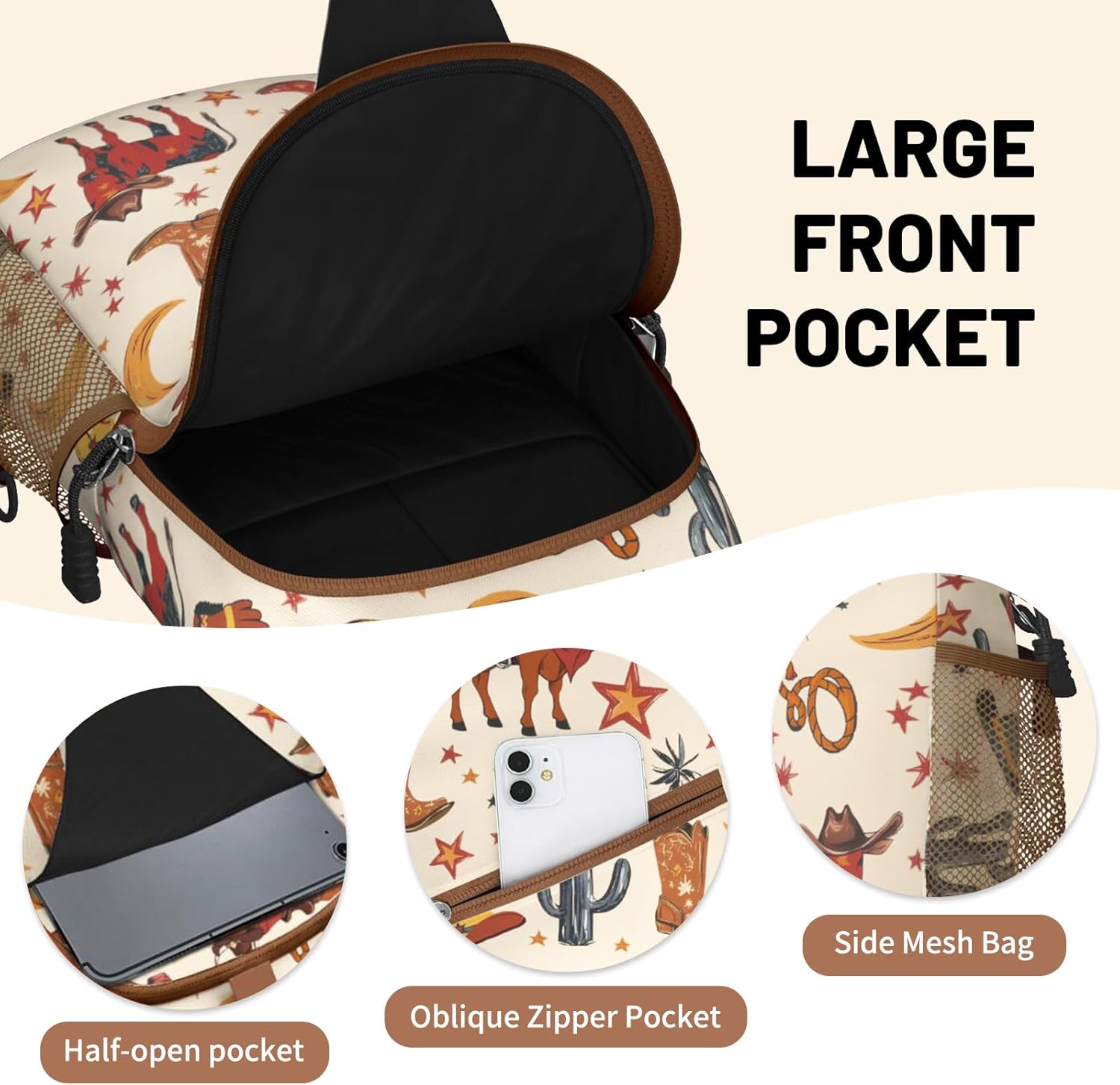 Brown Western Sling Bag Crossbody Chest Bag for Women Men, Water Resistant Lightweight Casual