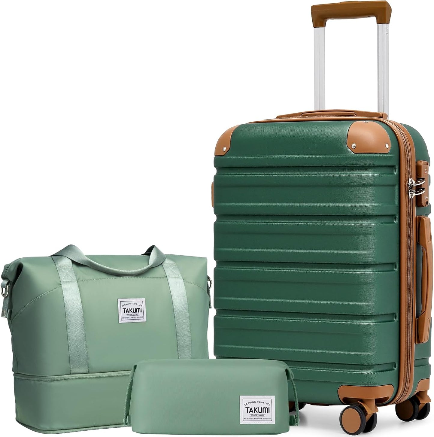 TAKUMI Carry On Luggage Set 3 Piece ABS+PC Hardshell Suitcases with Duffel Bag Double Spinner Wheels Travel Luggage with TSA Lock Lightweight Suitcase Set(GREEN BROWN, 3 PIECE SET(20/DB/TB))