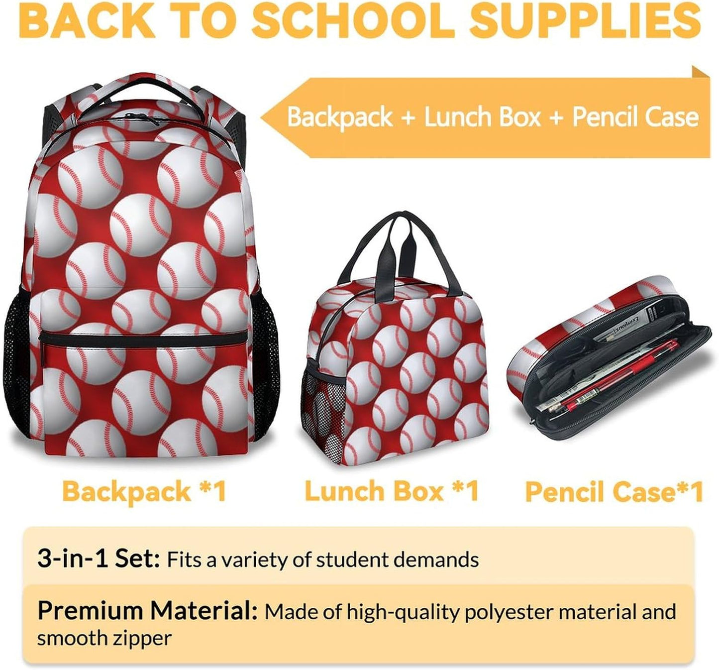 Baseball Backpack with Lunch Box Set for Boys, 3 in 1 School Backpacks Matching Combo, Sports White Bookbag and Pencil Case Bundle