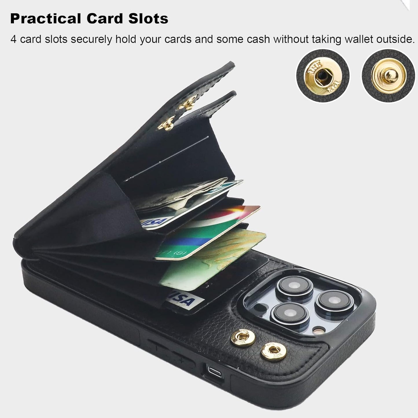 Folosu Compatible with iPhone 14 Pro Case Wallet with Card Holder, 360°Rotation Finger Ring Holder Kickstand, RFID Blocking Leather Protective Double Buttons Shockproof Cover 6.1 Inch Black