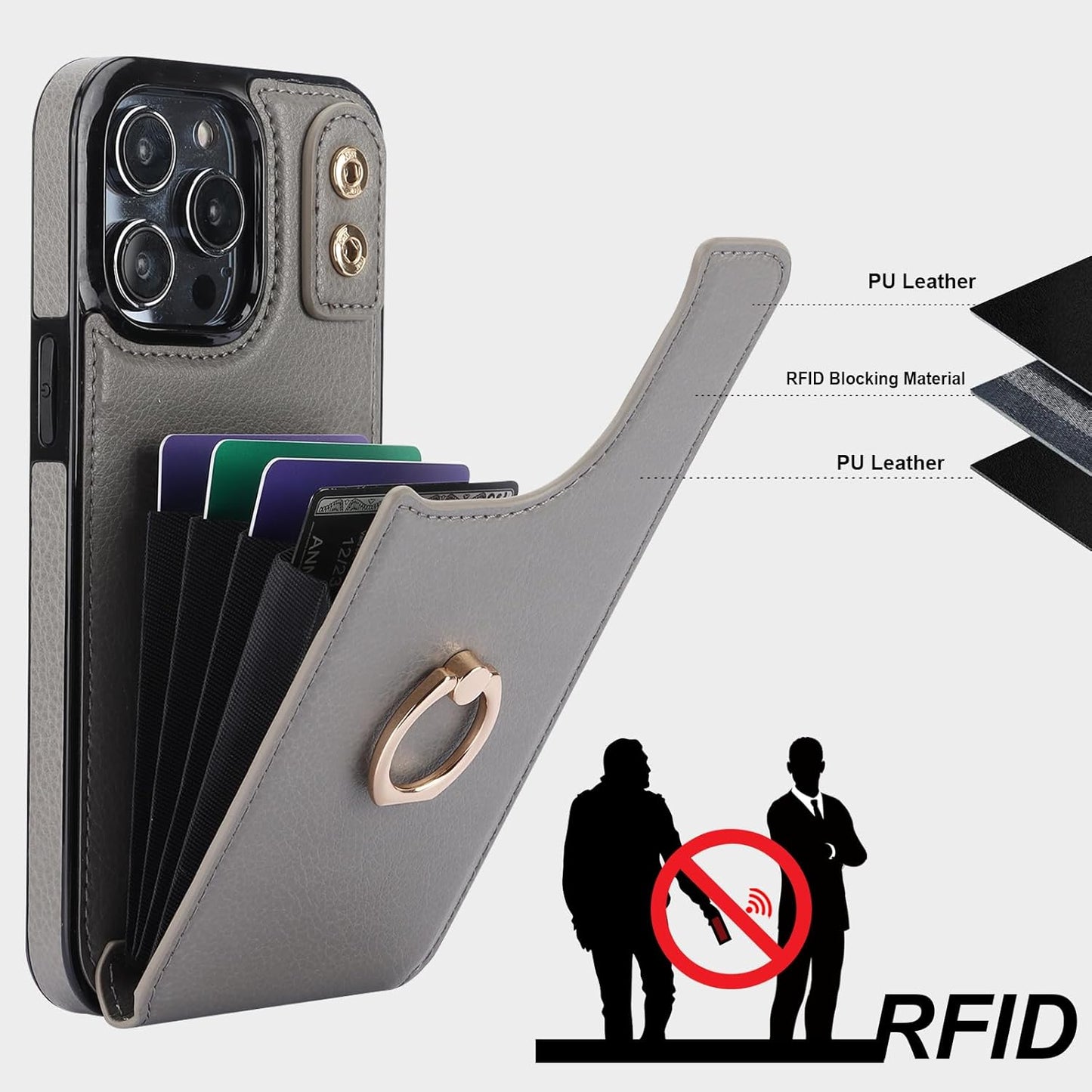 Folosu Compatible with iPhone 14 Pro Max Case Wallet with Card Holder, 360°Rotation Finger Ring Holder Kickstand, RFID Blocking Leather Protective Double Buttons Shockproof Cover 6.7 Inch Gray