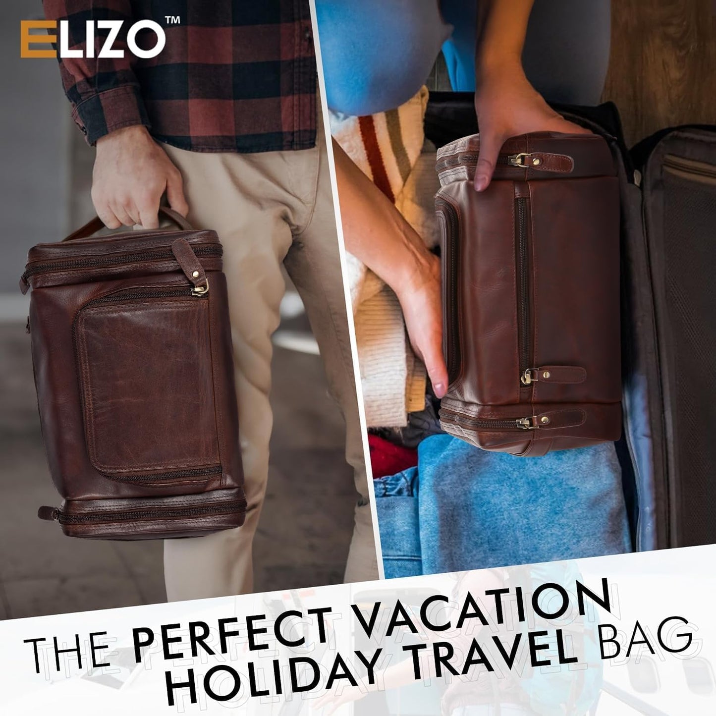 ELIZO Genuine Leather Toiletry Bag for Men Mens Toiletry Bags for Traveling Waterproof Hanging Leather Extra Large Toiletry Bag Travel Organizer for Toiletries