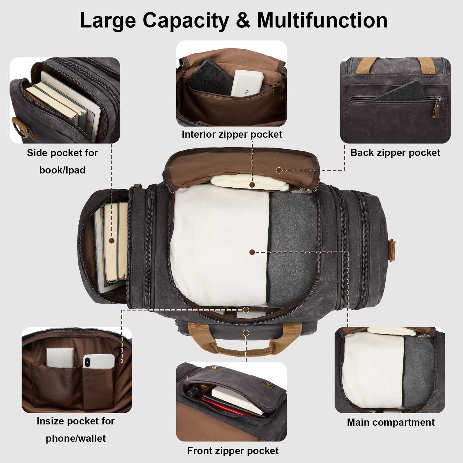 Waxed Canvas Duffel Bag 50L Waterproof Duffle Bag Travel Overnight Weekender Bag