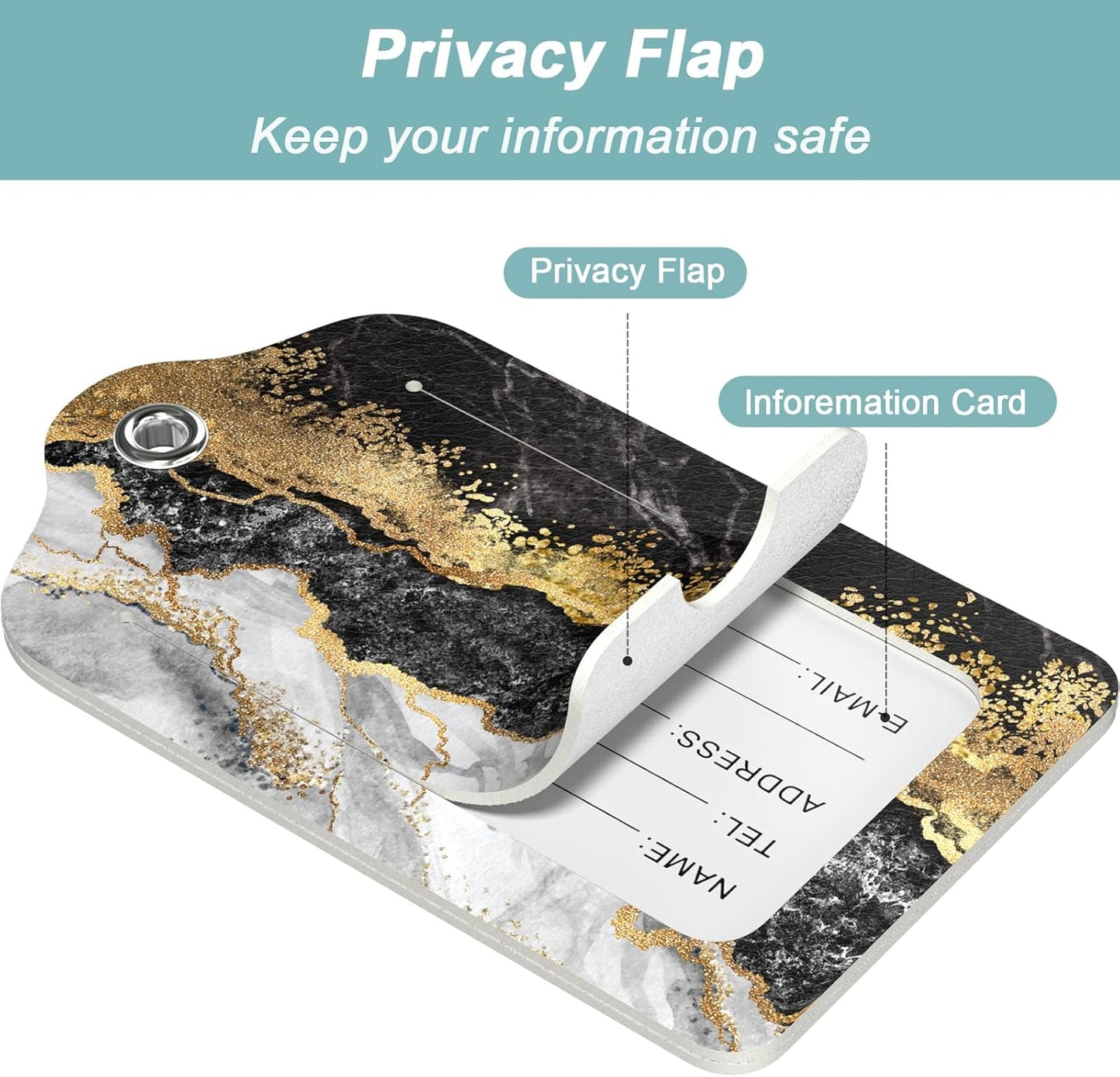 Rimilak 3 Pcs PU Leather Luggage Tags for Suitcase, Travel Cruise Luggage Tag with Privacy Flap, Name ID Label and Metal Loop for Women Men Baggage Handbag School Bag Backpack, Flow Marble