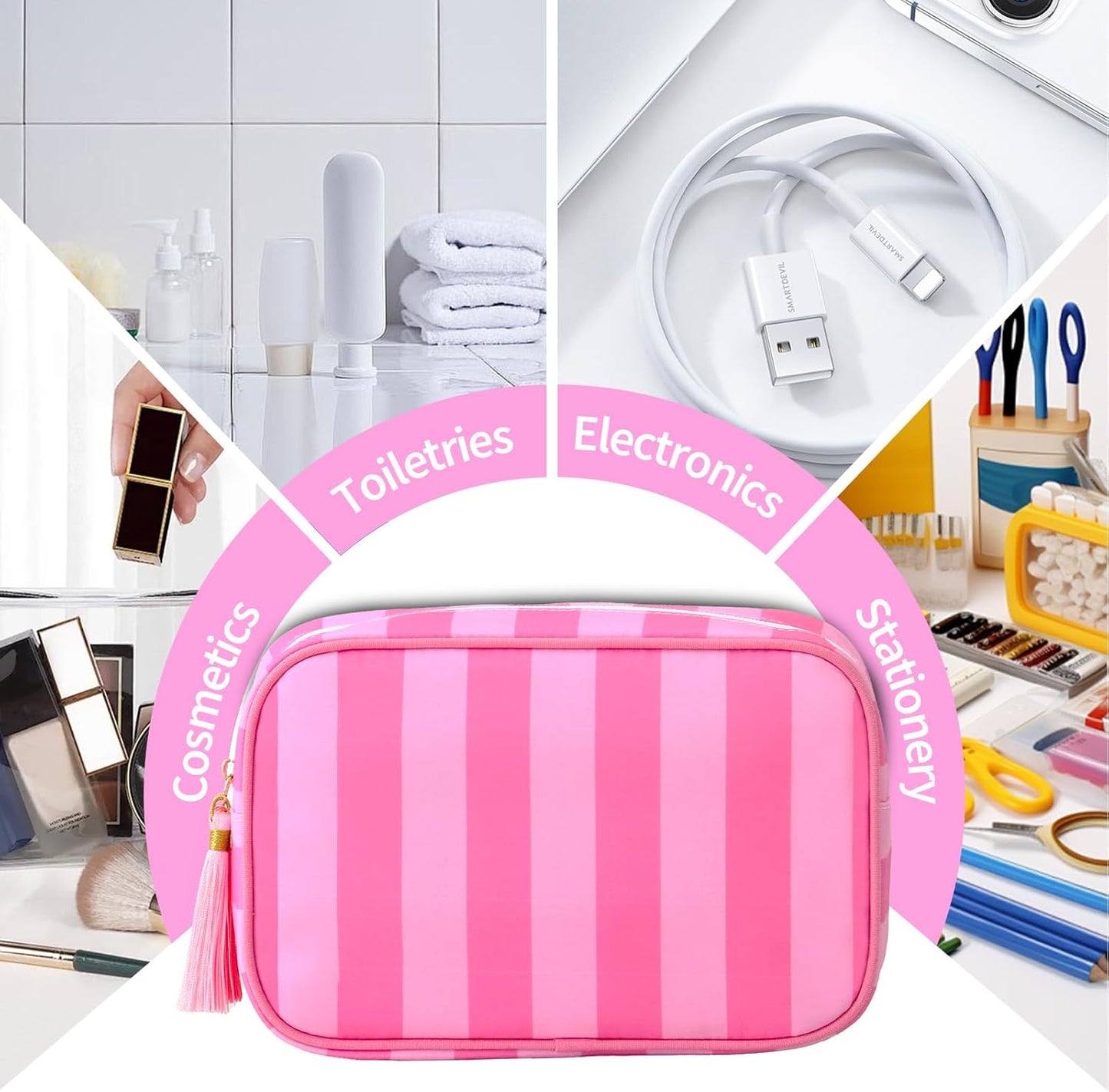 Stripe Makeup Bag Travel Cosmetic Bag Organizer Tassel Toiletry Bag Large Canvas Zipper Pouch and Accessories Storage Bag for Women