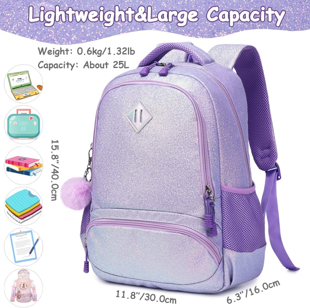 School Backpack for Girls Shiny Glitter Sparkly Bookbag for Kids Elementary Middle School Bags for Girl Blingbling Purple