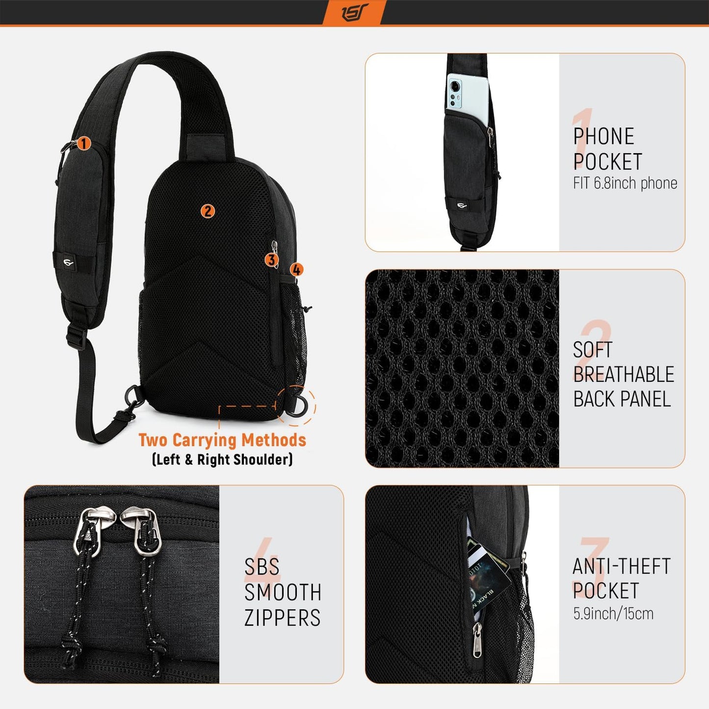 SKYSPER Sling Backpack with RFID Pocket Lightweight Crossbody Bag for Hiking Travel Shoulder Chest Bag for Men Women