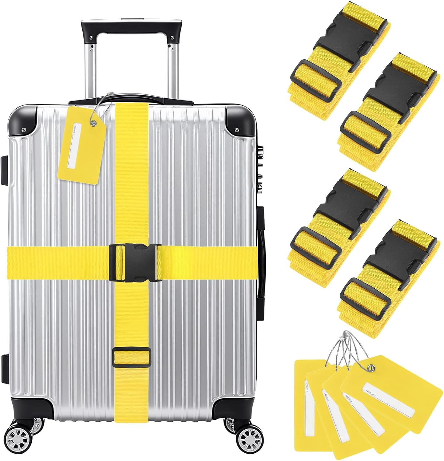 4-Sets Luggage Straps TSA Approved, Travel Straps for Luggage Suitcase Tags Set, Adjustable Suitcase Belt [Yellow]