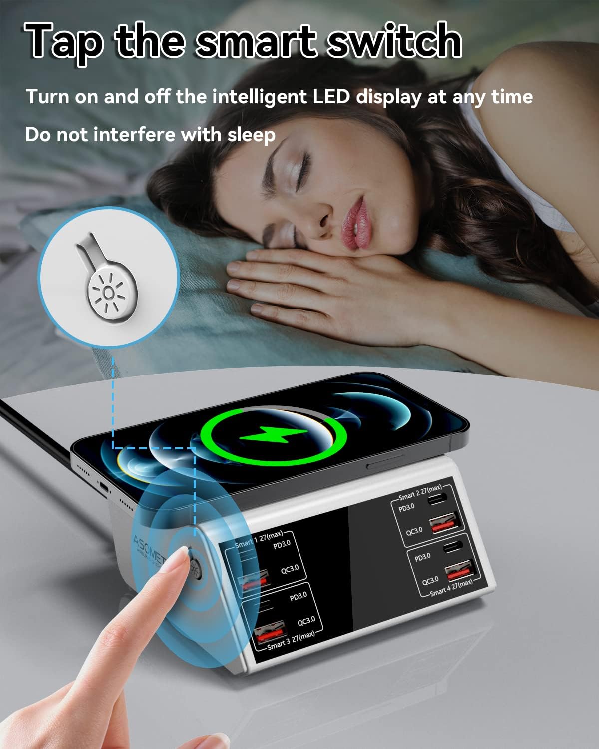 USB Charging Station,100W 8-Port Charging Station for Multiple Devices with 4 QC3.0+4 USB-C PD Ports,Wireless Charger,Multi Fast Charging Hub Charger Station for iPhone,Samsung, iPad