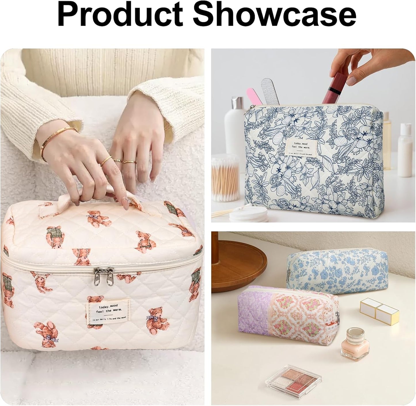 3PCS Quilted Makeup Bag Set, Cosmetic Pouch for Women, Travel Toiletry Bags with Zipper Closure, Coquette Floral Make up Organizers