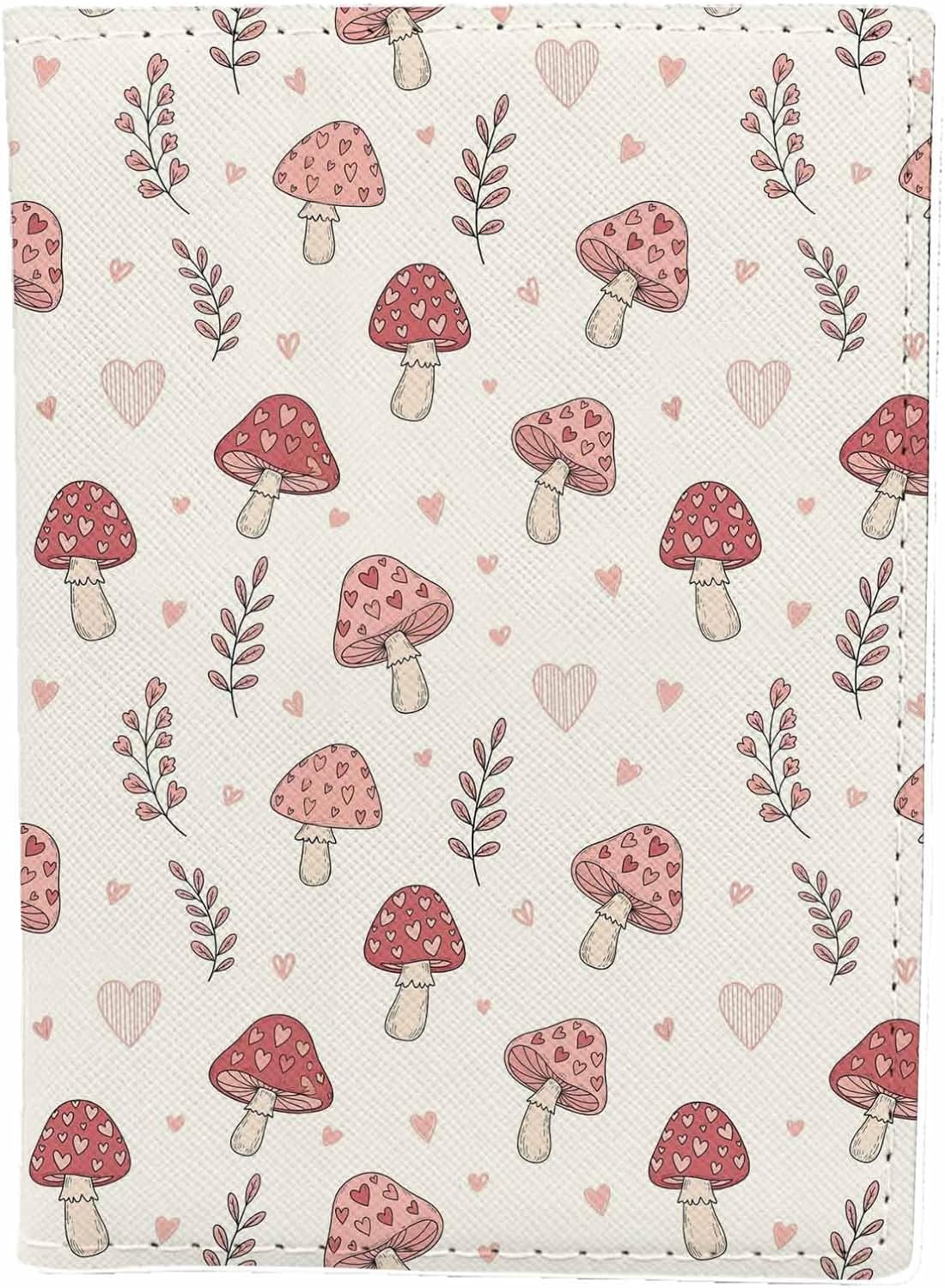 Pink Mushroom Passport Holder for Travel Love Heart Boho Floral Valentine's Day PU Leather Passport Cover Wallet Cute Passport Card Holder for Women and Men
