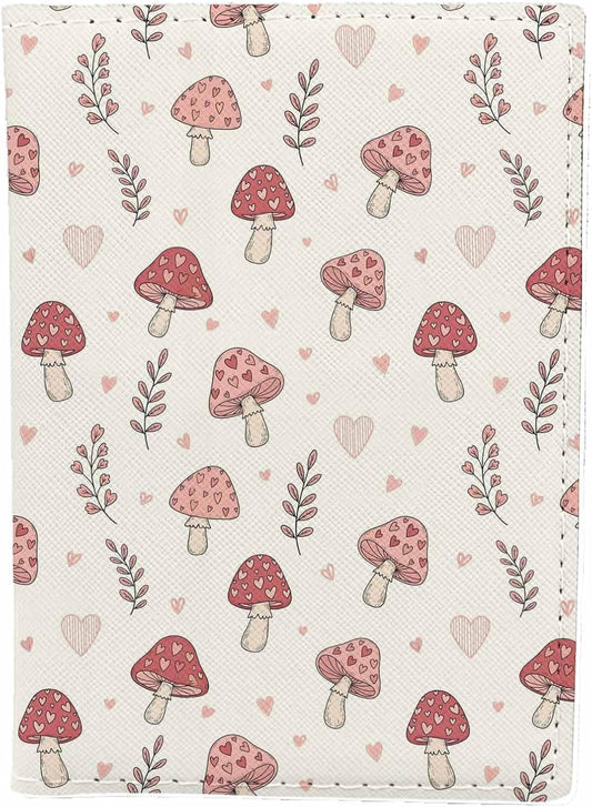 Pink Mushroom Passport Holder for Travel Love Heart Boho Floral Valentine's Day PU Leather Passport Cover Wallet Cute Passport Card Holder for Women and Men