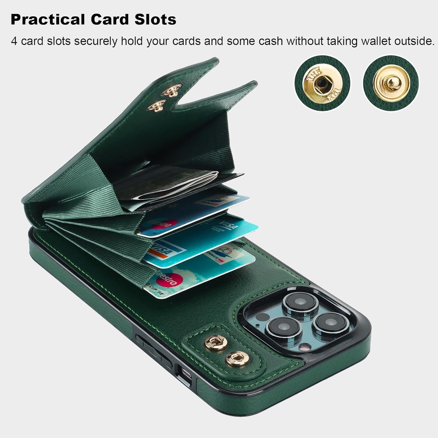 Folosu Compatible with iPhone 14 Pro Max Case Wallet with Card Holder, 360°Rotation Finger Ring Holder Kickstand, RFID Blocking Leather Protective Double Buttons Shockproof Cover 6.7 Inch Dark Green