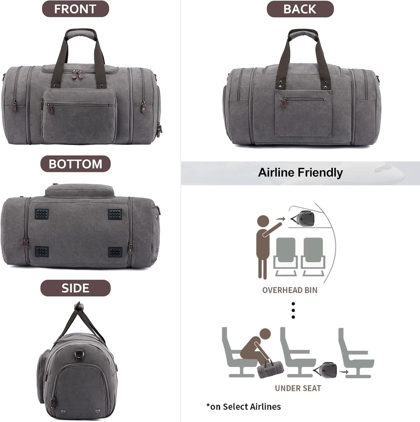 Sucipi Canvas Travel Duffel Bag for Men, Weekend Overnight Bag with Shoe Compartment and Toiletry Bag, Carry-On for Airplanes, Graphite Grey