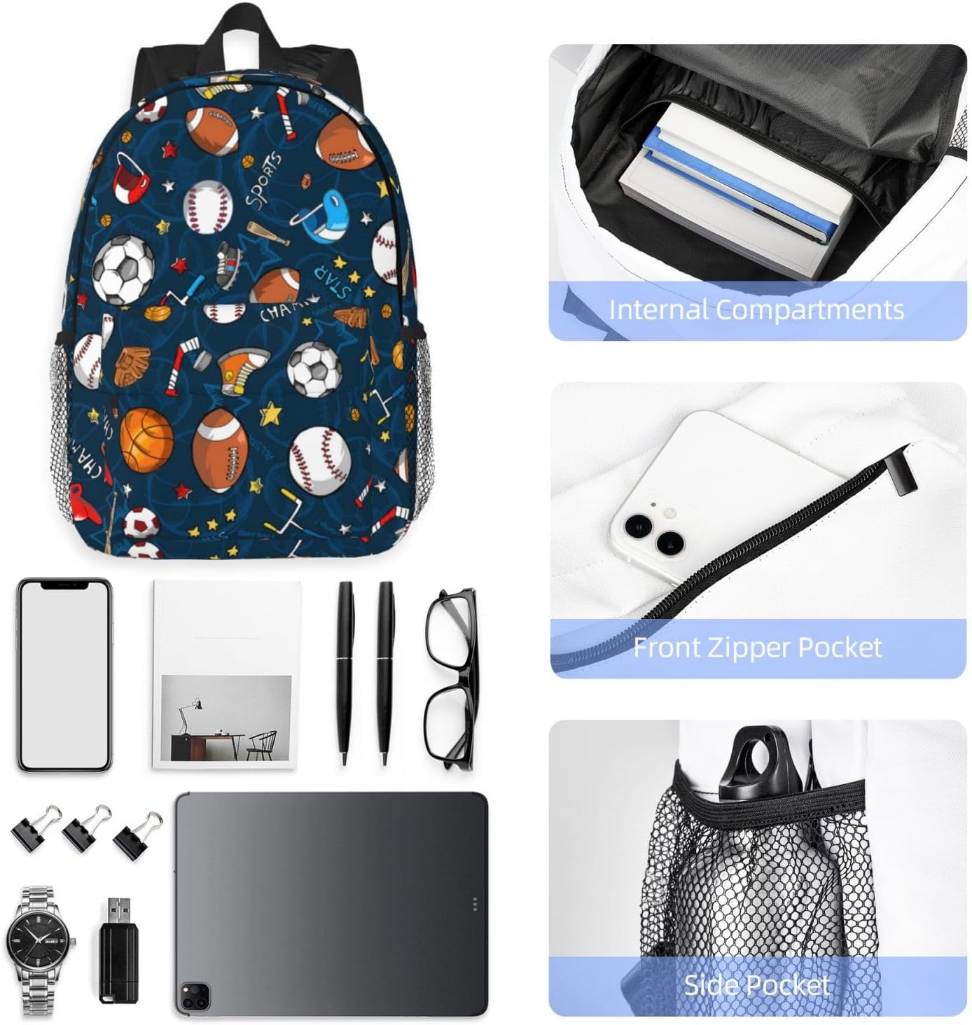 exroozy Sports Backpack for Boys Girls Basketball Soccer Baseball School Bags Blue Shoulder Bags Travel Backpack Bookbag 15 inch Gift for Kids Toddler