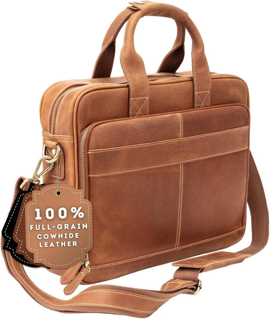Luxorro Full-Grain Leather Briefcase for Men - Laptop Bag with Leather Computer Compartment