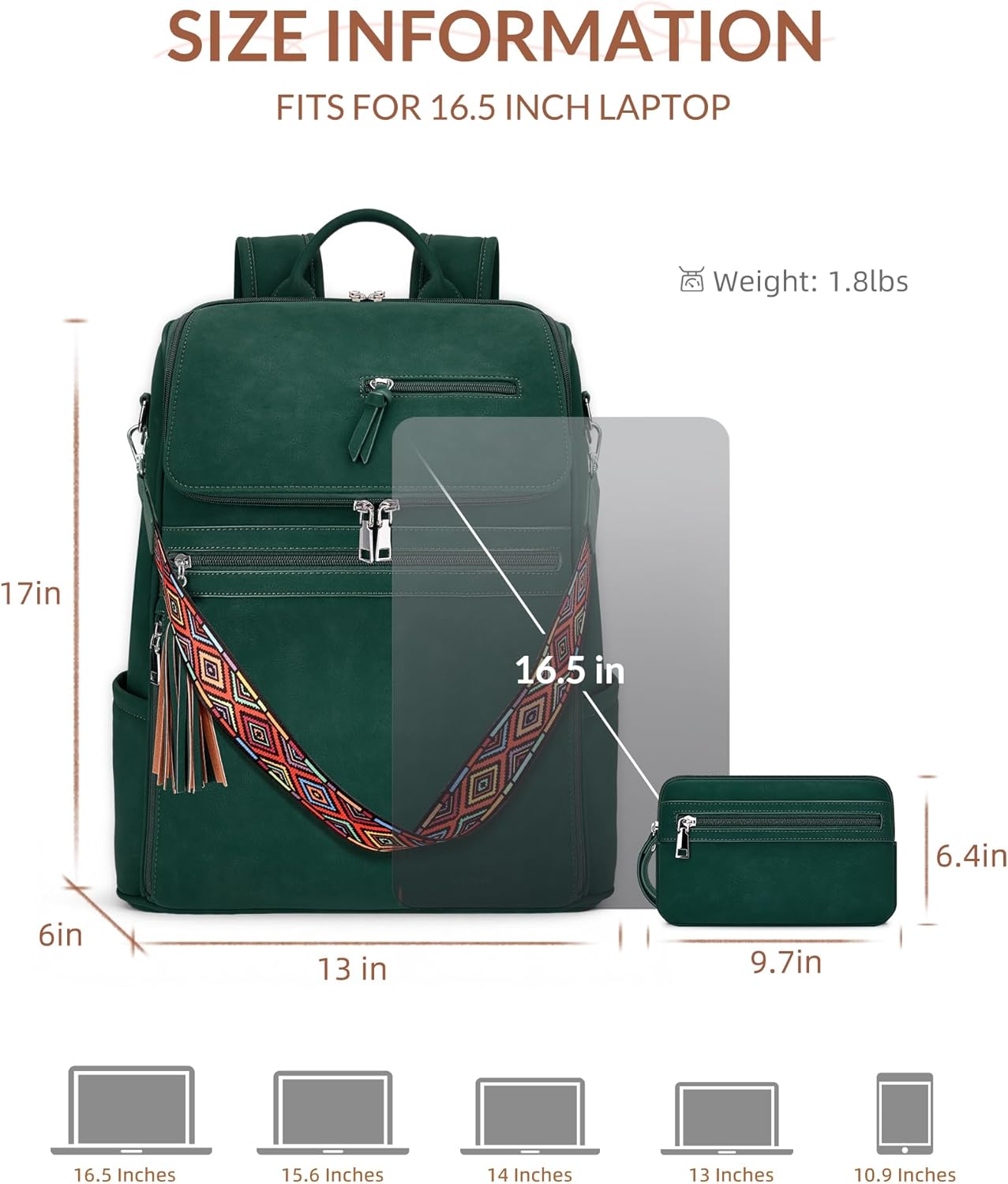 Leather Laptop Backpack for Women Designer Laptop Bag, 16.5 inch Travel Computer Backpacks Purse with Tassel for Work Business with Satchel Purse Green