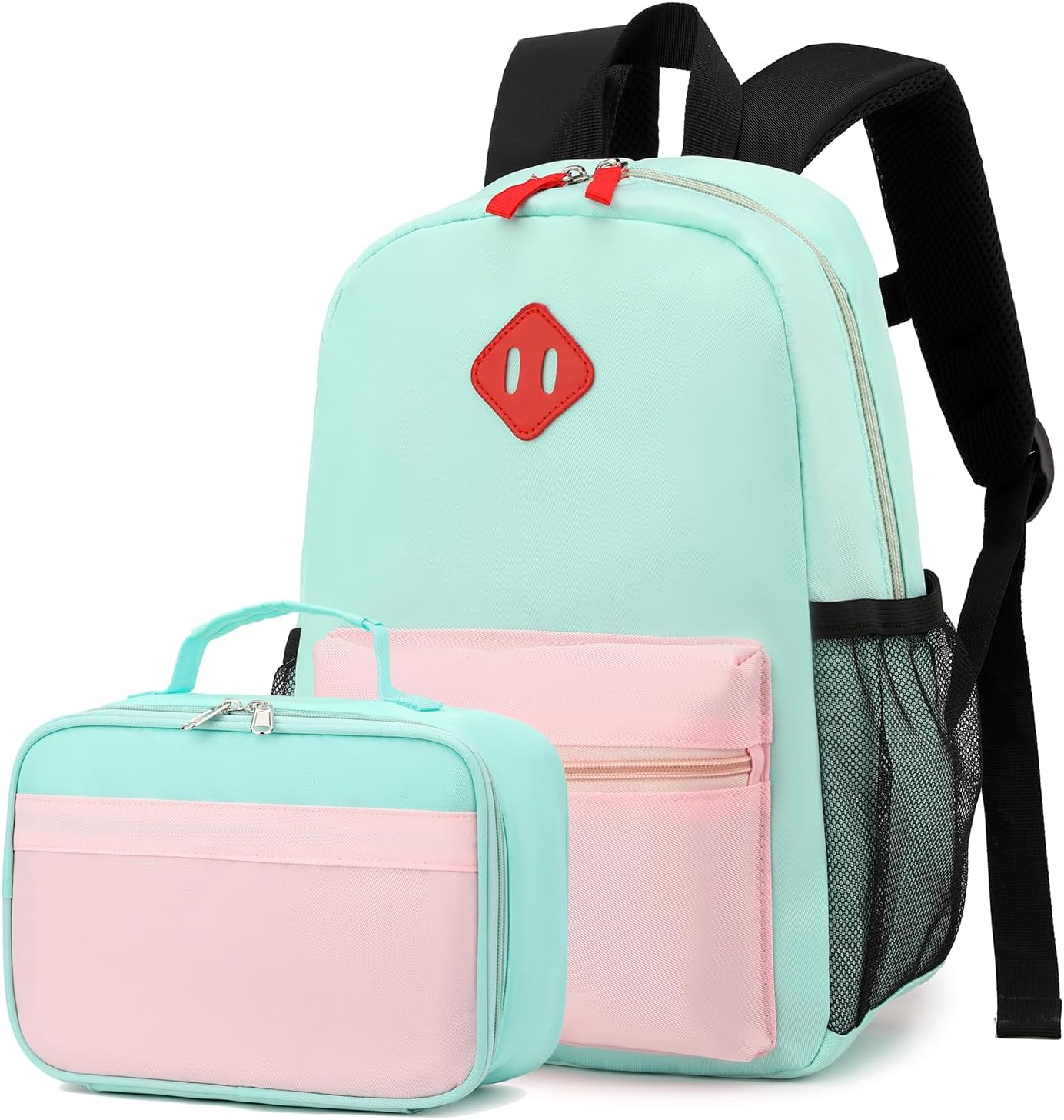 Backpack Set for Girls Boy Kids Backpack with Lunch Box for Elementary Primary Kindergarten School Bag (Pink Green, Large)
