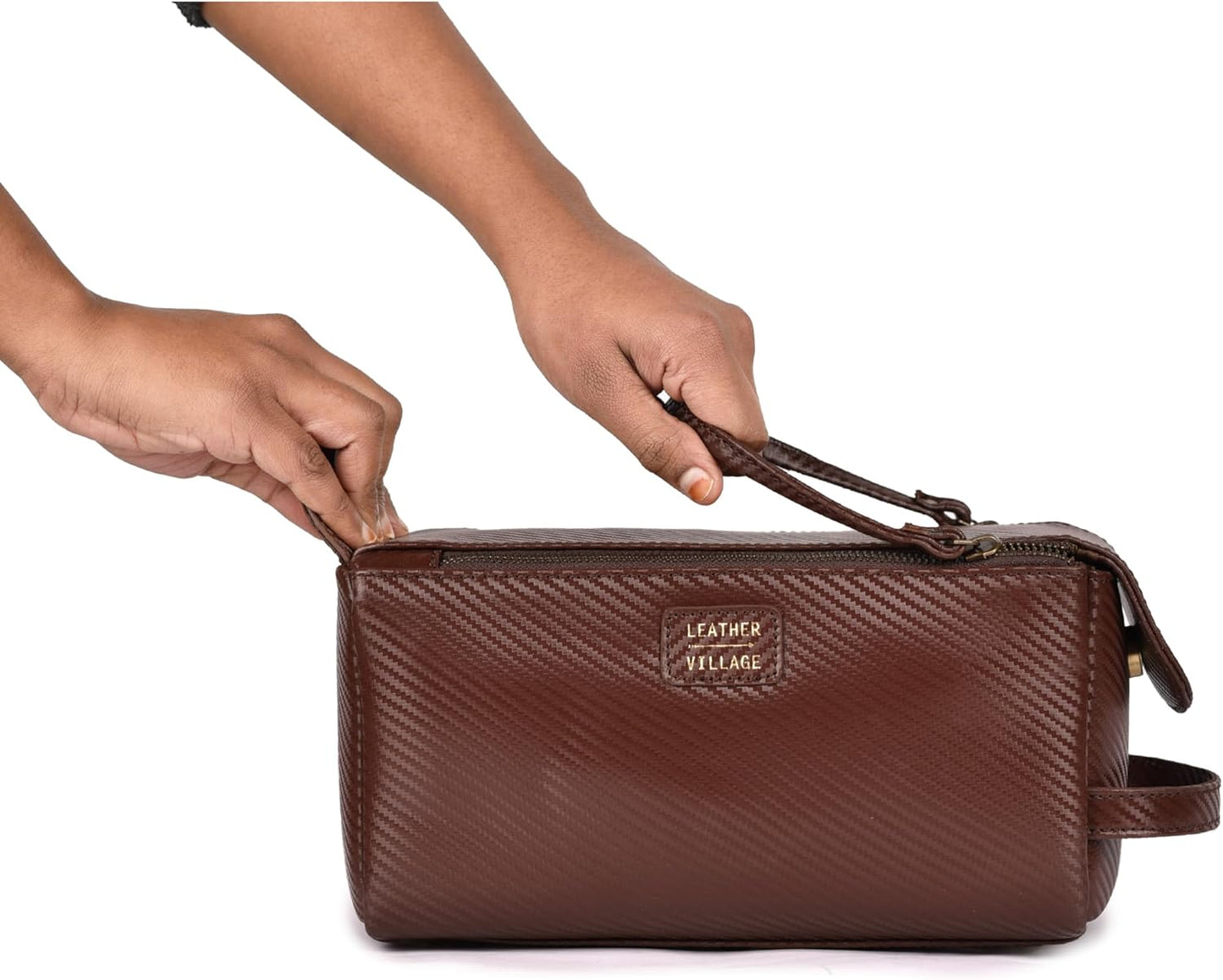 LEATHER VILLAGE Premium Carbon Fiber Genuine Leather Travel Toiletry Bag - Large Compact Dopp Kit