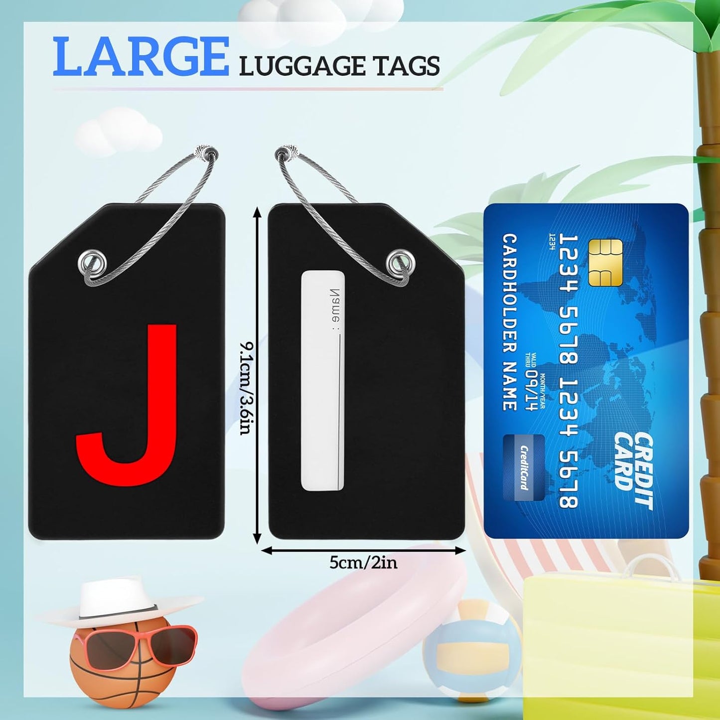 8 Pcs Initial Letter A-Z Luggage Tags Silicone Suitcase Instrument Tag with Name Card and Stainless Steel Loop(Letter J,Red, Black)