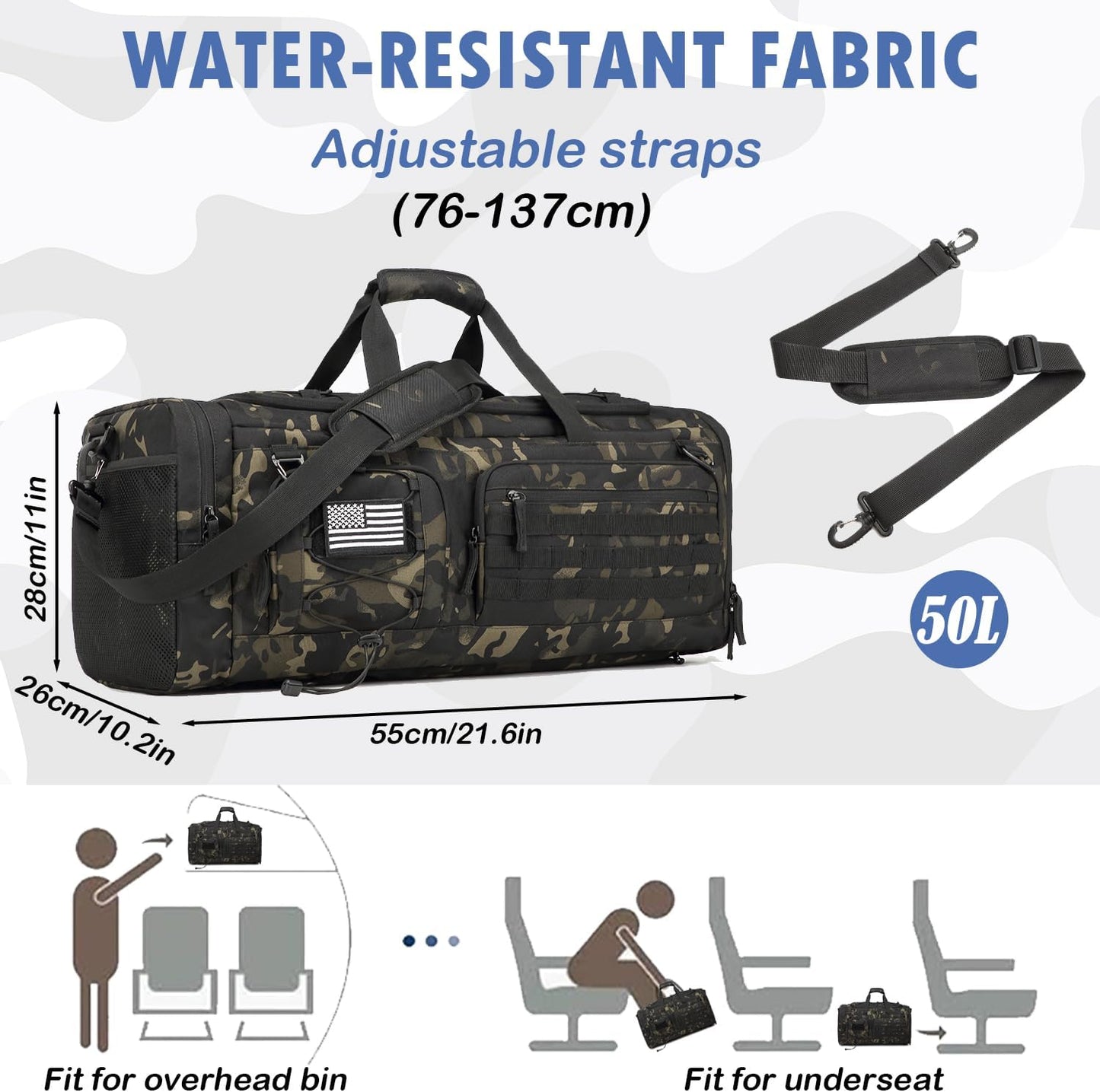 Gym Bag for Men and Women, 50L Extra Large Duffle Bag, 3-in-1 Travel Sports Duffel Bags with Shoe & Laptop Compartment for Overnight Weekender Gym Traveling Workout Deployment, Dark Camo