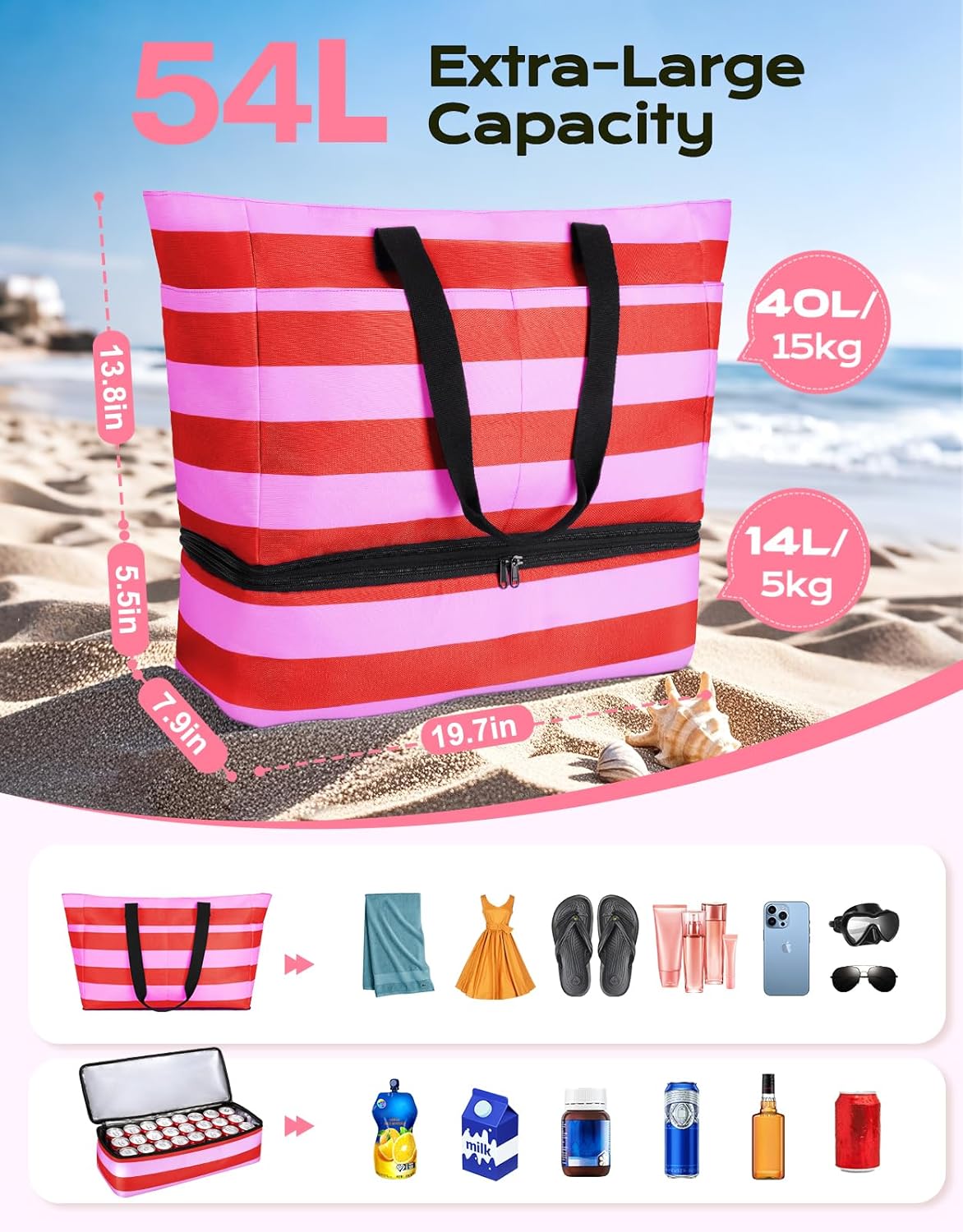 Beach Bag with Cooler, 54L Large Waterproof Sandproof Travel Tote Bag, Duffel Weekender Bag for