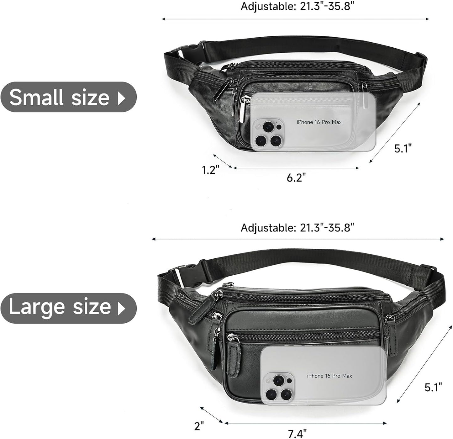 Genuine Leather Fanny Pack Men Women Multi-Pockets sling Waist Bag For Travel Sports Hiking Cycling Fishing Running Black Small