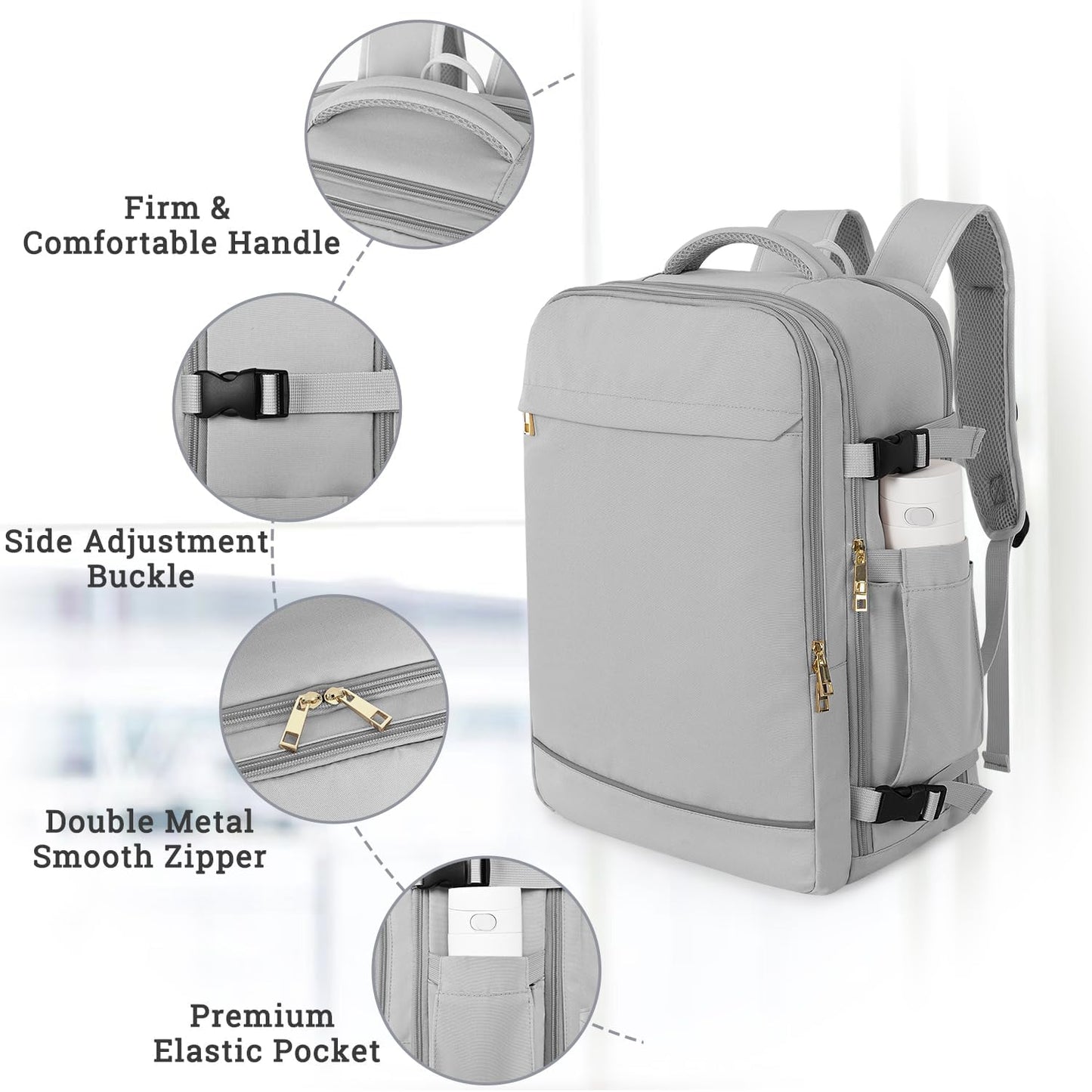 Travel Backpack, 40L 17 inch Laptop Travel Backpack Carry on Flight Approved, Personal Item Travel Bag, Waterproof Backpack for College, School, Business, Weekend, Work, Gray