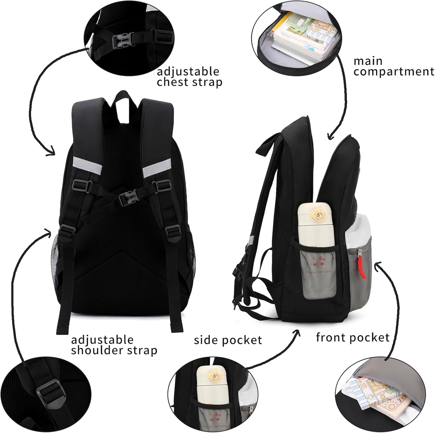 Toddler Backpack, 12inch Preschool Backpack for Kids Boys and Girls 2-4 Kindergarten Preschool Bookbag with Chest Buckle (Black Grey, Small)