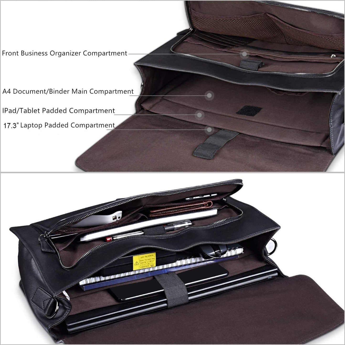 ESTARER Men's Leather Briefcase 17.3 Inch Laptop Computer Bag for Office/Business/Travel, Large Satchel Professional Leather Messenger Shoulder Bag, Black