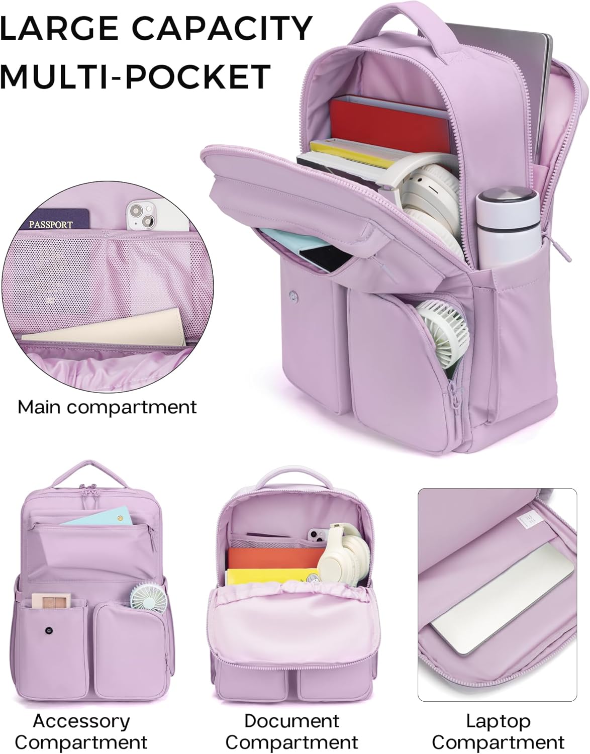 FODOKO Backpack for Work, Casual Backpack for Women Men Daypack Backpack for Travel College Bookbag Separate Compartment for 15.6 Inch Notebook Light Purple
