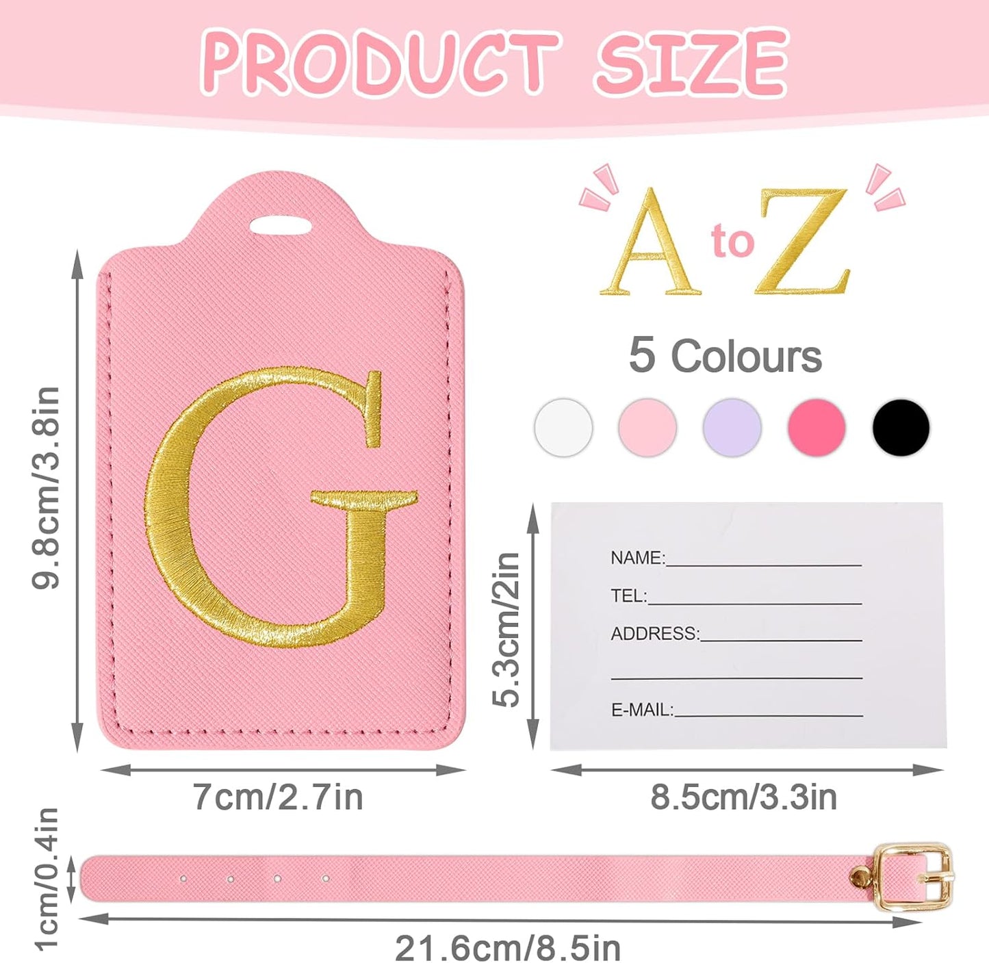 Initial Luggage Tags for Suitcases, Cute Embroidered Letter Luggage Bag Suitcase Identifier Name Baggage Tag, PU Leather Travel Luggage Tags, Bag Tags for Men Women Kids Luggage Handbags(Pink G)