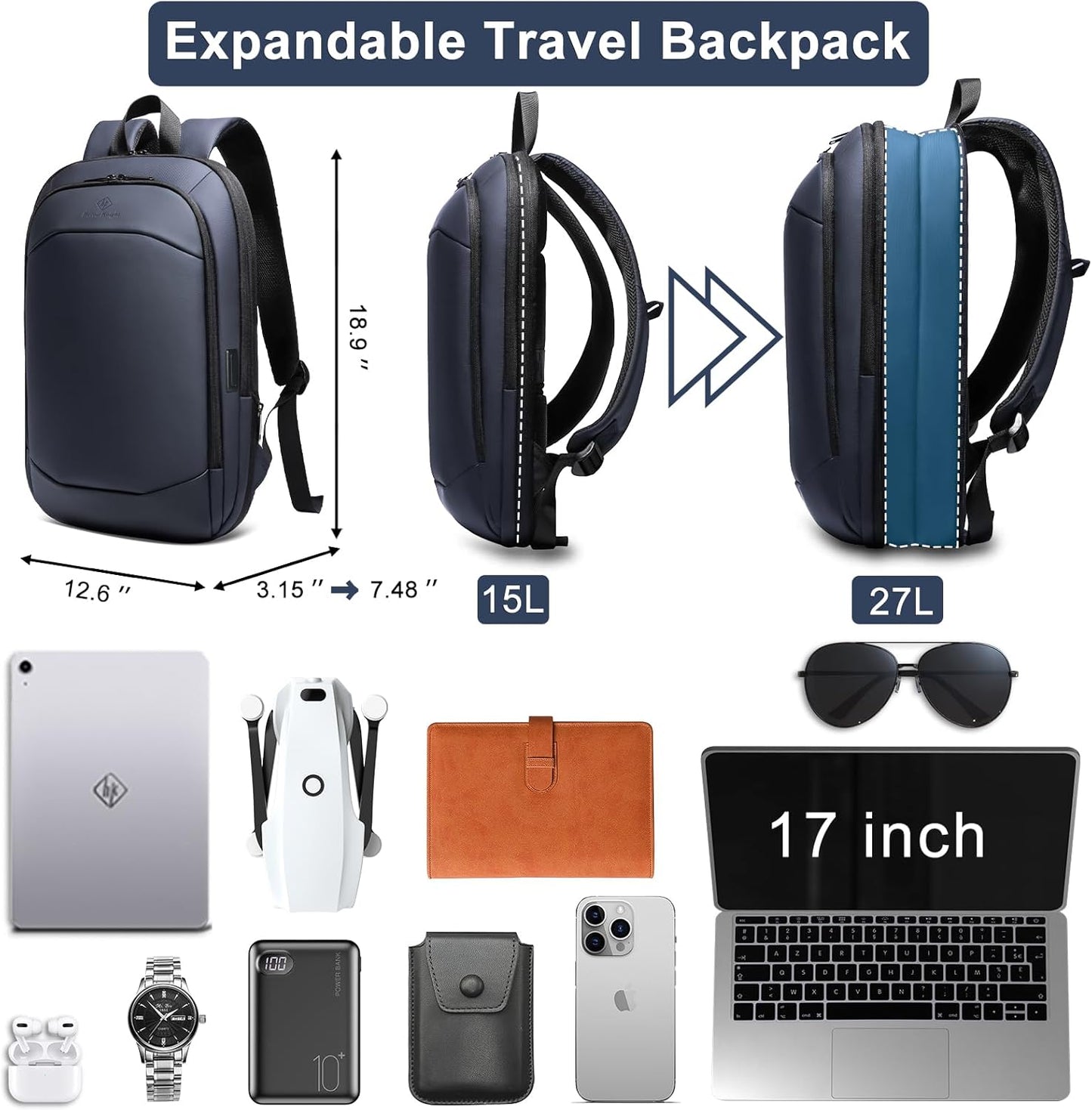Business Backpack 17 Inch Slim Expandable Waterproof Travel Laptop Backpacks with USB Charger Port