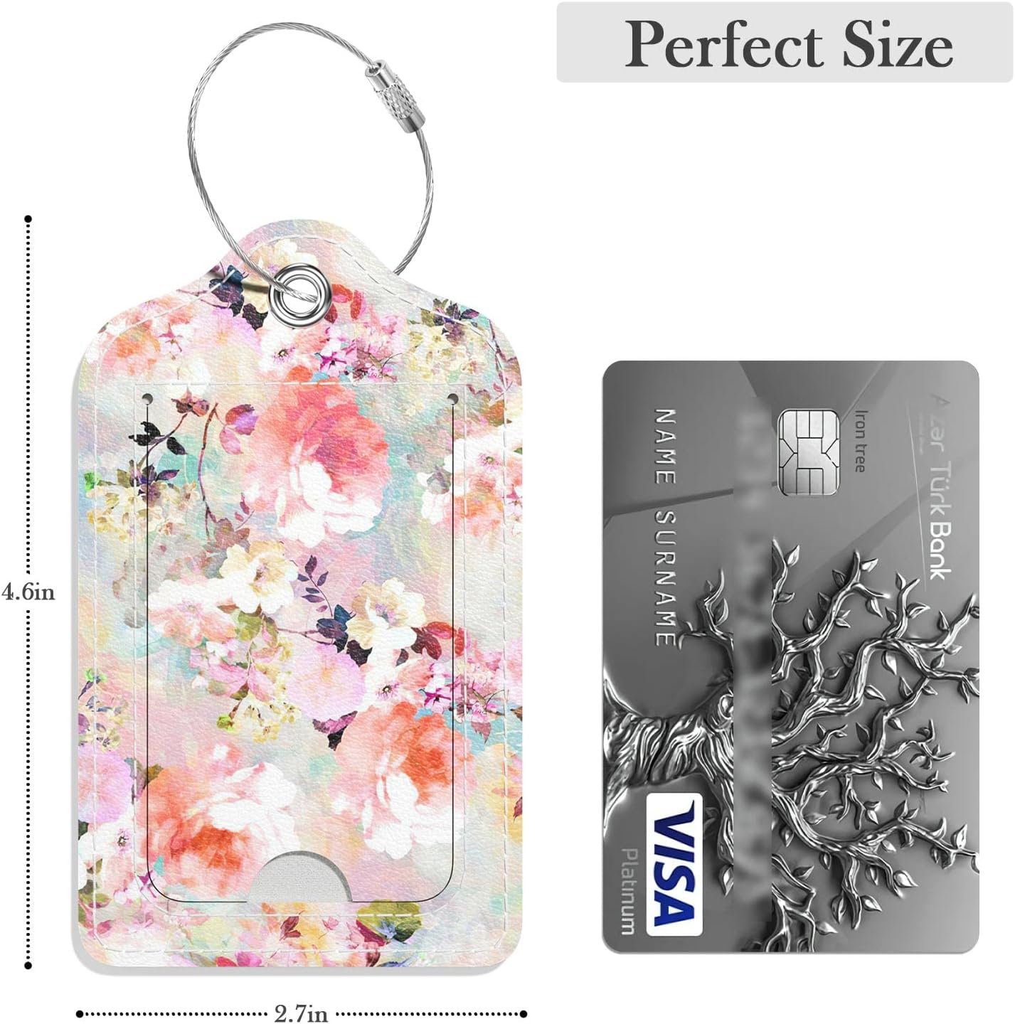Luggage Tags for Suitcase, 2 Pack PU Leather Travel Cruise Luggage Tag with Privacy Flap, Name ID Label and Metal Loop for Women Men Suitcase Baggage Bag Backpack Instrument, Pink Rose Flower