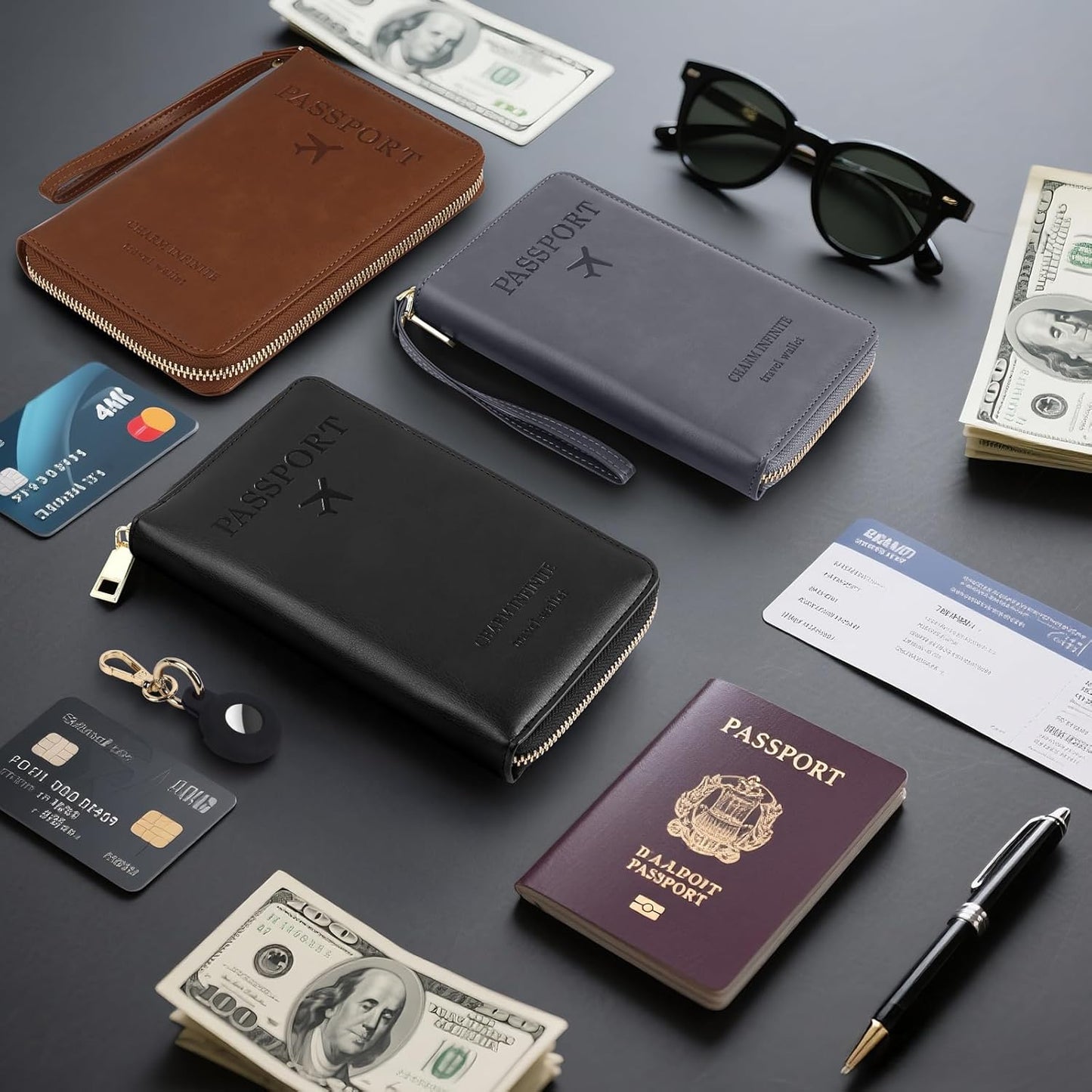 Passport Holder Wallet with Tracker Case, RFID Blocking PU Leather Passport Cover, Travel Document Organizer Wallet for Men and Women (Black)