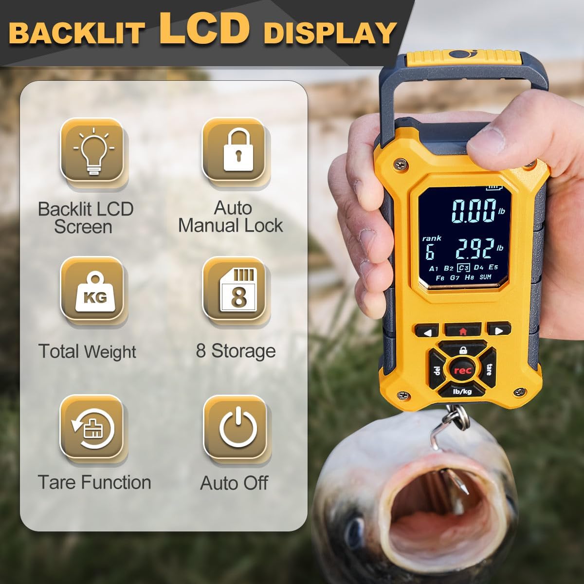 SNAIL TRAIL Fish Scale with Lip Gripper, 50 lbs Tournament Bass Scale with 8 Storage Bins, Digital Fishing Weight Scale with Hook & Clamp, High Contrast Hanging Weigher for Boat, Fishing Gifts for Men