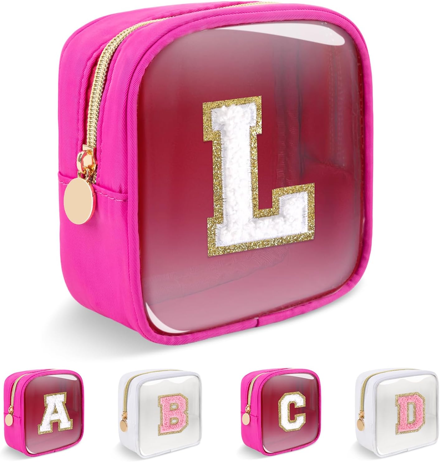 Personalized Initial Letter Clear Preppy Makeup Bag,Mini Nylon Chenille Letter Cosmetic Bag Cute Zipper Pouch Coin Purse for Teen Girls,Portable TSA Approved Travel Essentials Bag Gift for Women,L