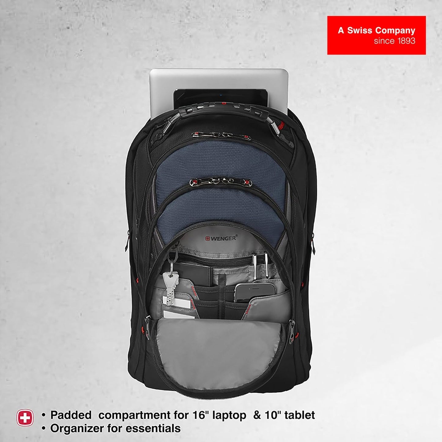 Wenger Ibex 17 inch Laptop Backpack, Men's and Women's Laptop Bag, Black/Gray/Blue