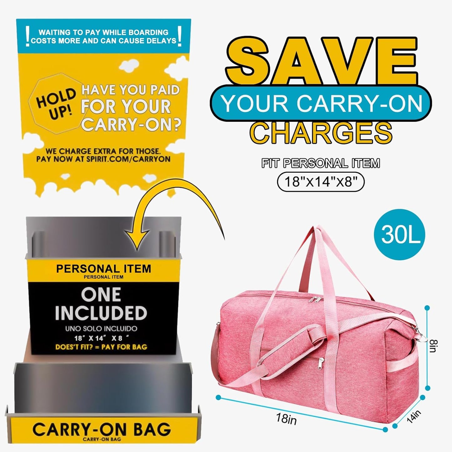 For Spirit Airlines Personal Item Bag 18x14x8, Foldable Small Travel Duffel Bags Gym Duffle Weekender Overnight Carry on Luggage Bag with Wet Pocket & Shoe Compartment for Women Men(Pink, 30L)