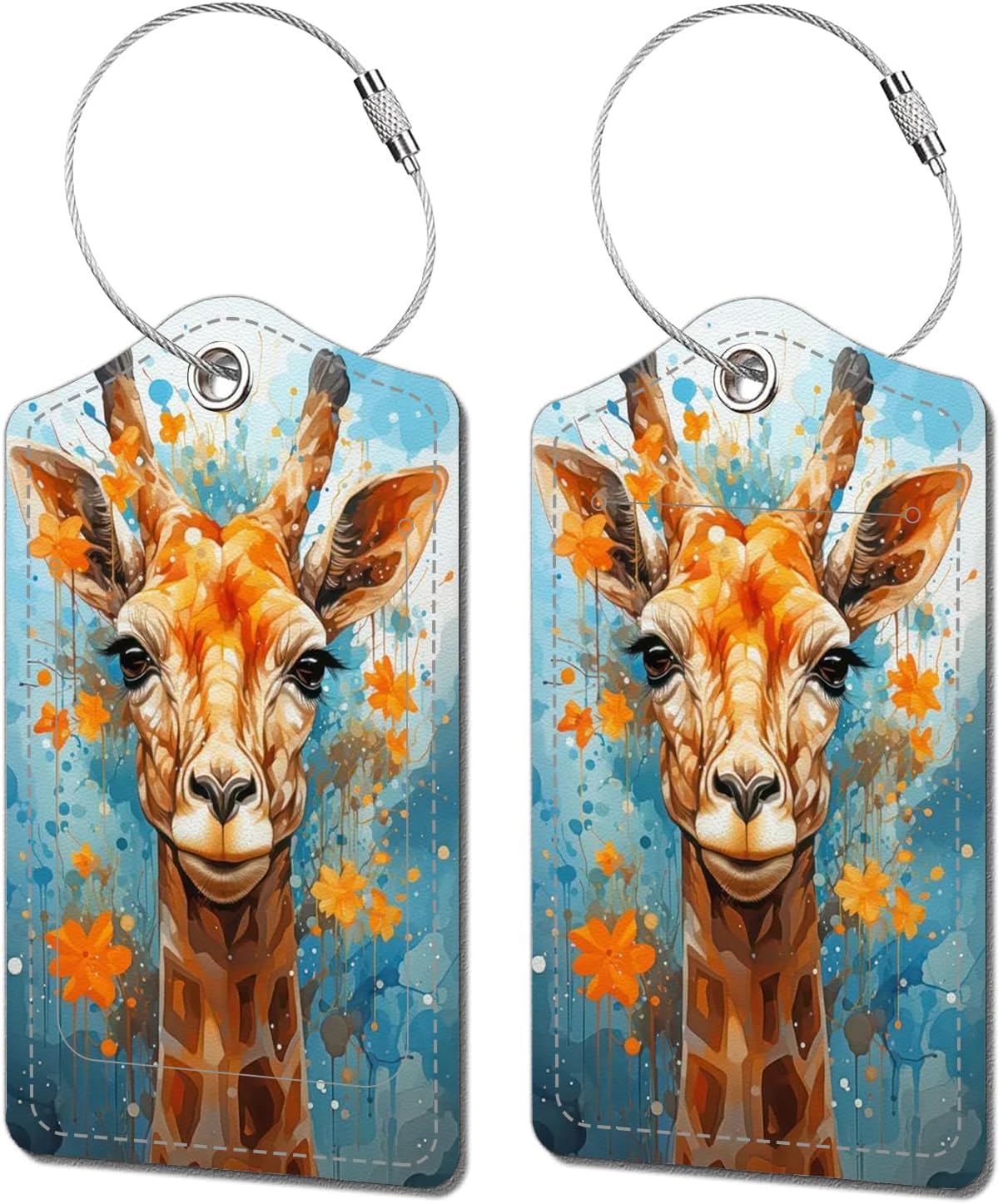 2 Pack Luggage Tags for Suitcase, Leather Suitcase Tags Cruise Ship with Privacy Cover and Double Metal Loop for Women Men Girls Boys Travel Baggage Bag Backpack Tags, Cute Giraffe