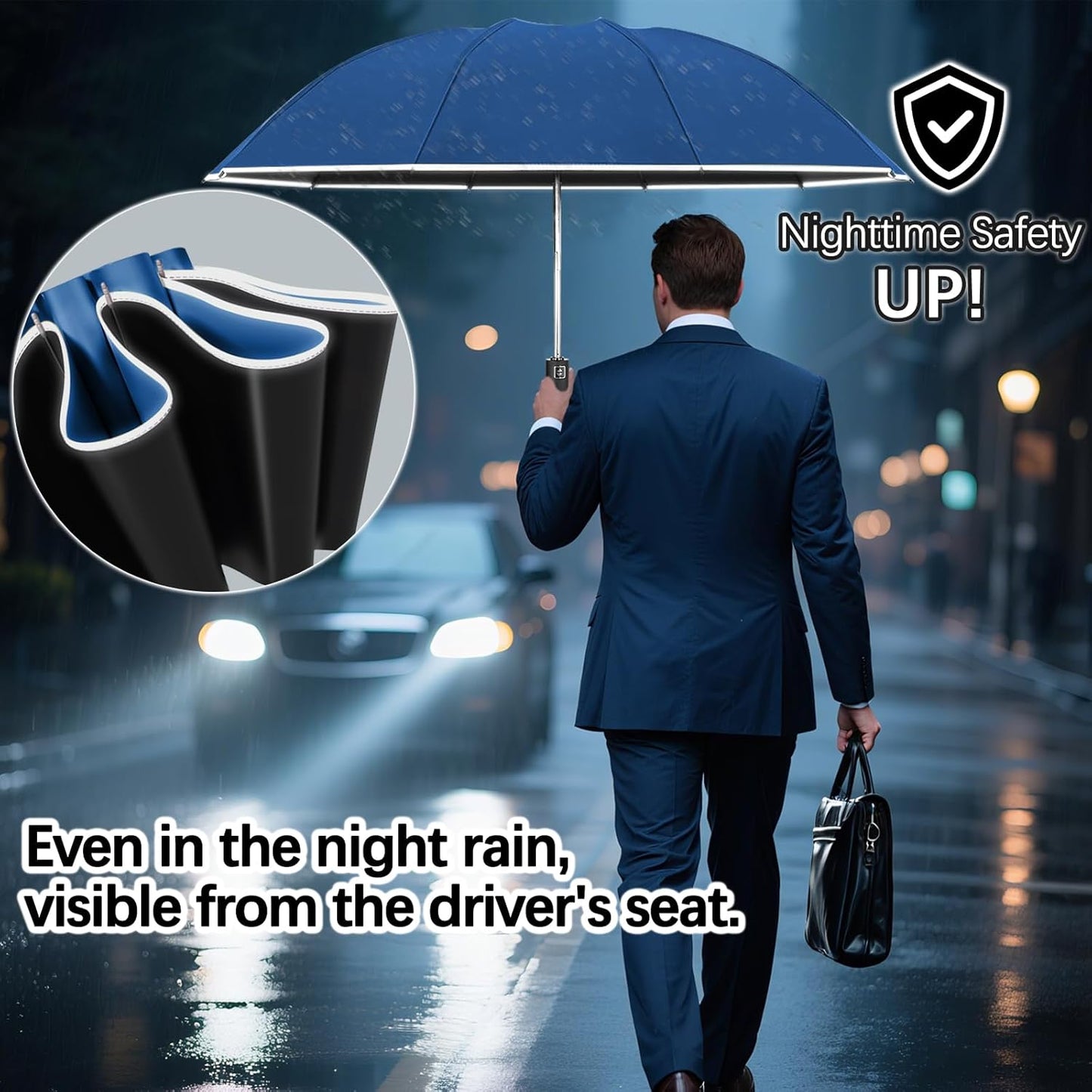 Travel Umbrella for Rain, Automatic Folding Windproof Umbrella with Case - Compact Reverse with 360° Reflective Stripe, Light & Portable Durable for Women & Men