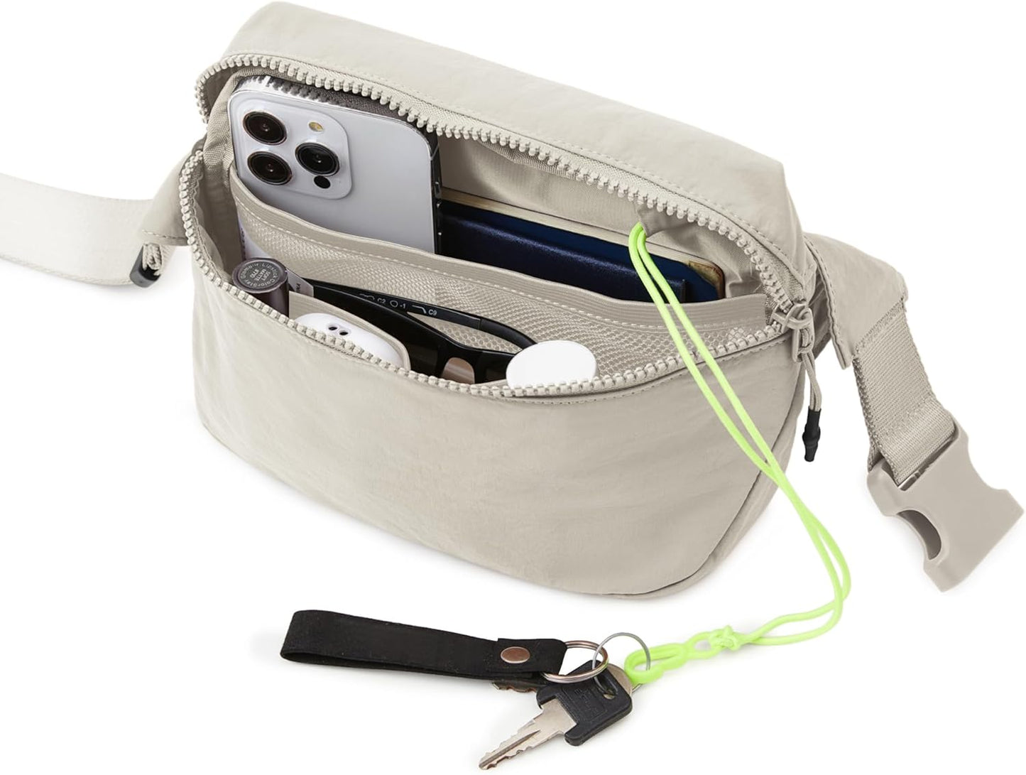 ODODOS 2L Belt Bag for Women Men, Crossbody Fanny Packs with Adjustable Strap Waist Pouch for Workout Hiking Running Travel, Light Grey