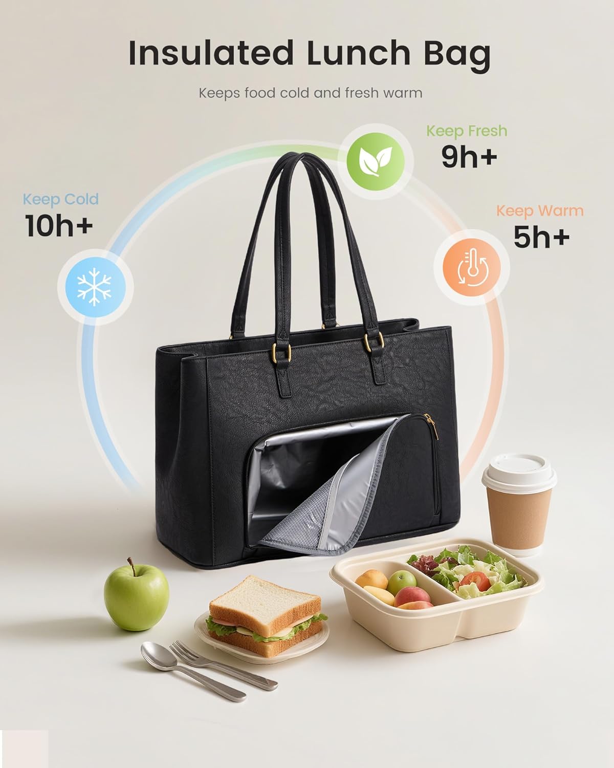 LOVEVOOK Lunch Bag, Tote Bag for Women with Insulated Lunch Compartment, Laptop Work Tote Bag for Teacher, Nurse, Travel, College, Daily,15.6 Inch