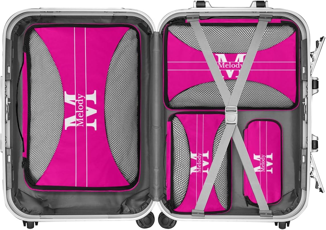 Custom 4 Set Packing Cubes for Travel, Personalized Deep Pink with Initial Letter Mesh Travel