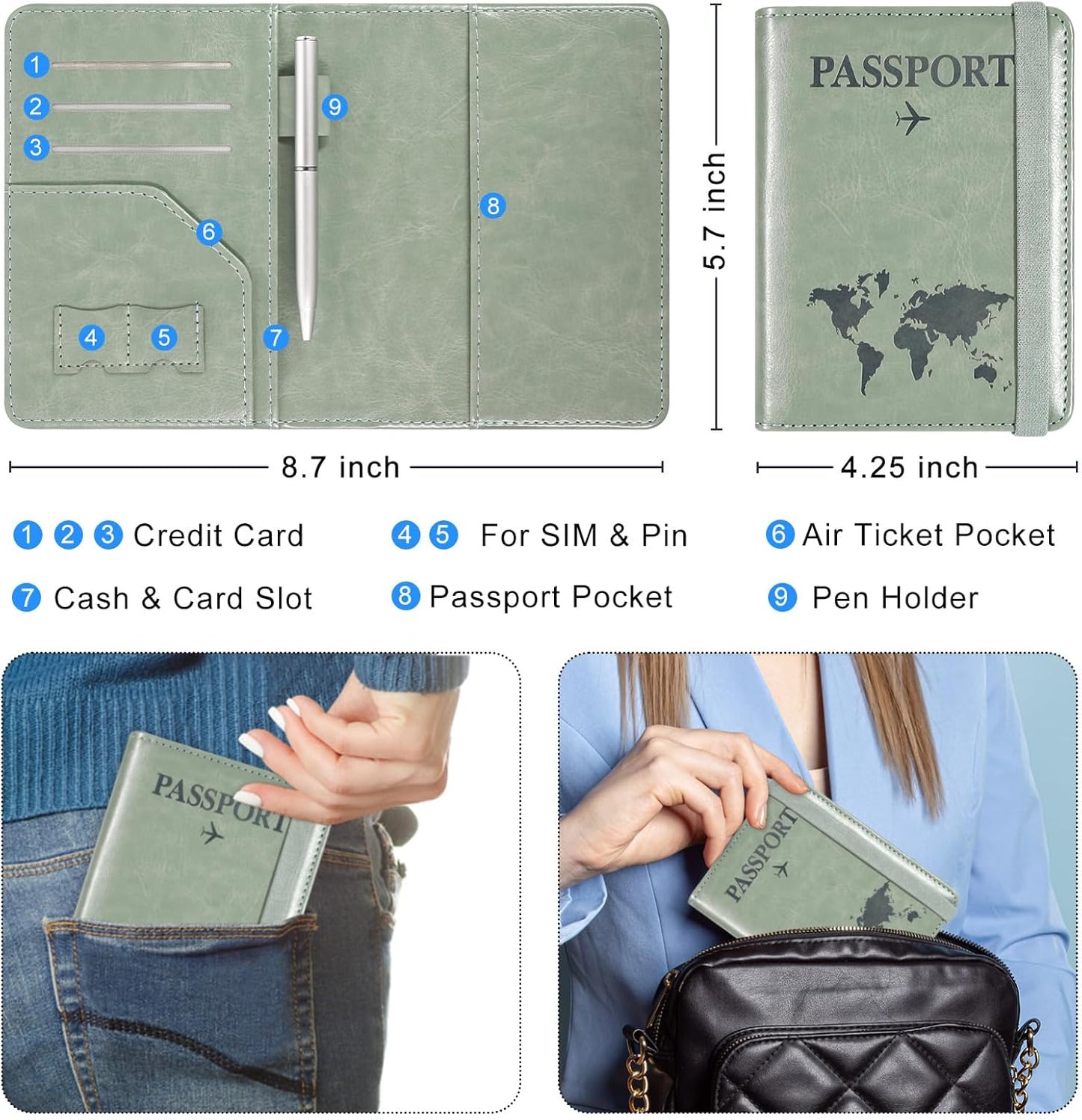 ACdream RFID BLOCKING Passport Holder Travel Wallet, Premium PU Leather Cover Passport Book with Card Holder, Pen Holder, Keep Organization, and Travel Essentials for Women/Men, Agave Green